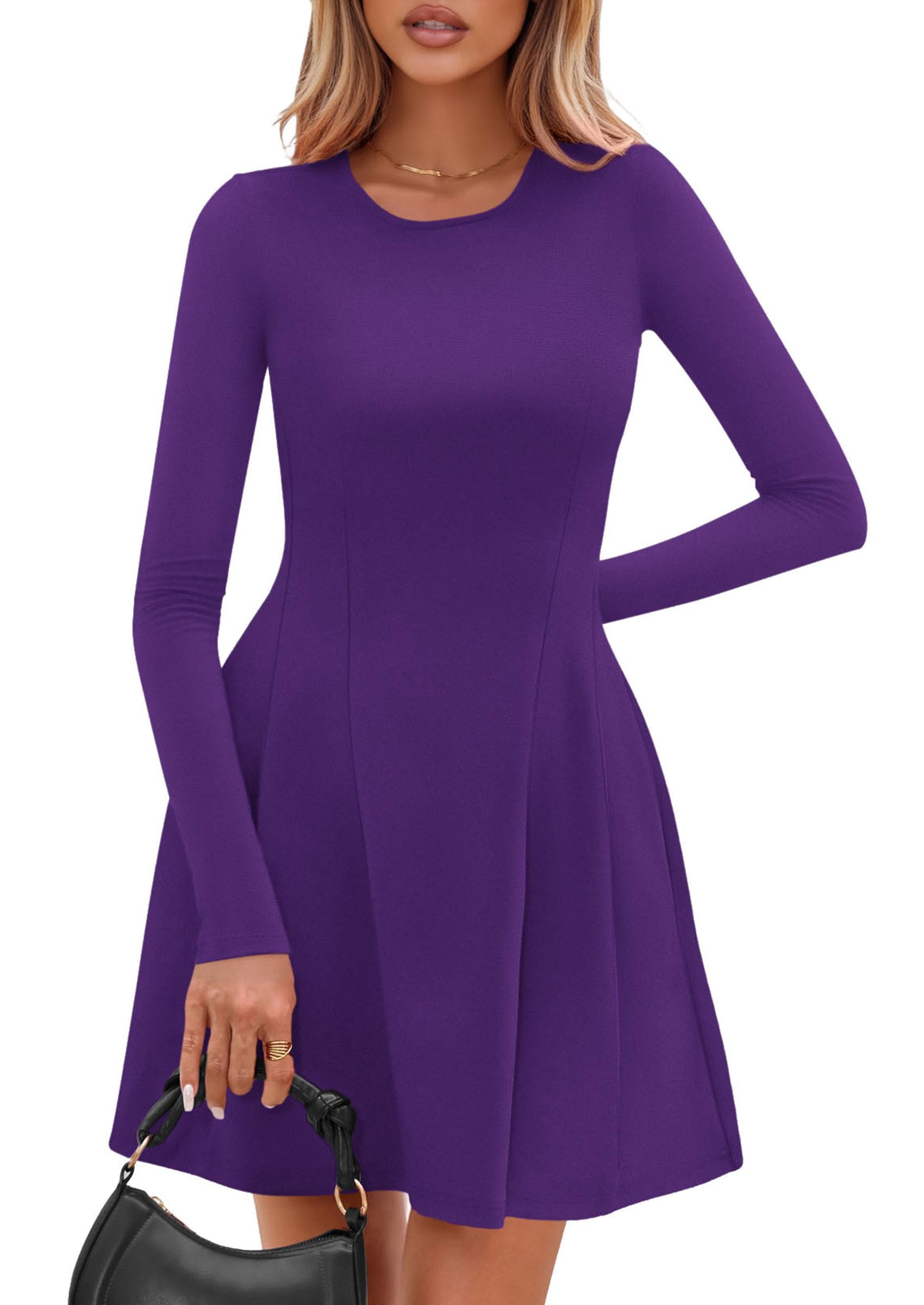 Womens Long Sleeve Pleated Mini Dress,Purple,XS