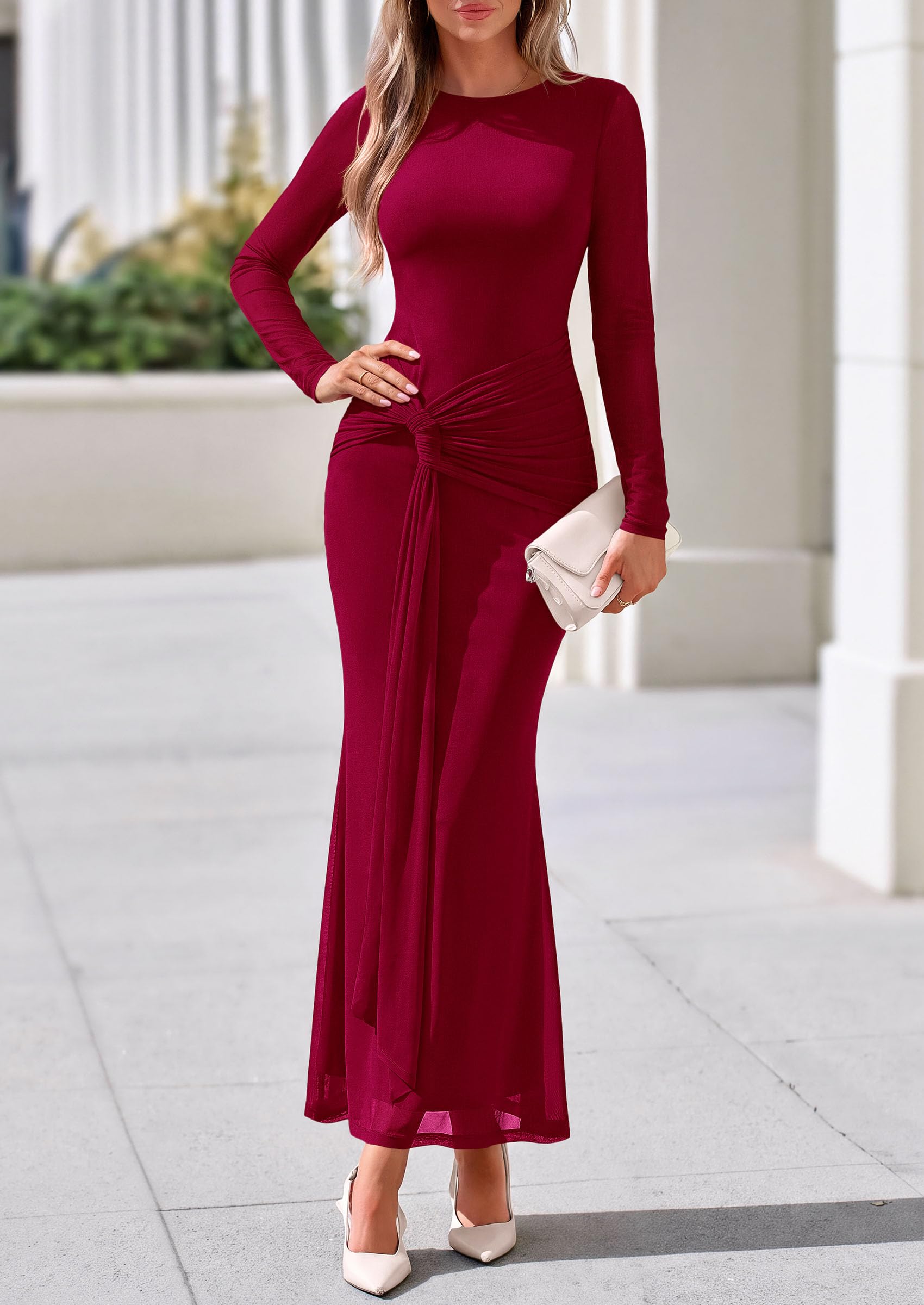 Womens Fall Long Sleeve Bodycon Tie Waist Mesh Maxi Dresses
