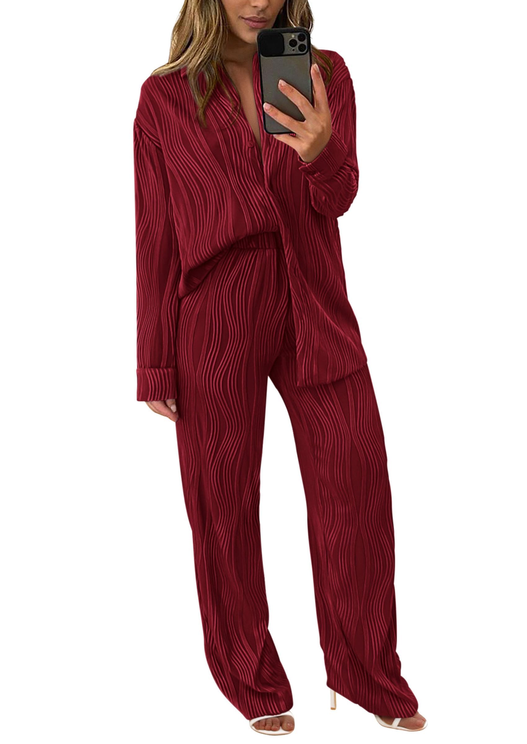Womens 2 Piece Sets Button Down Lounge Tracksuit,Wine Red,S