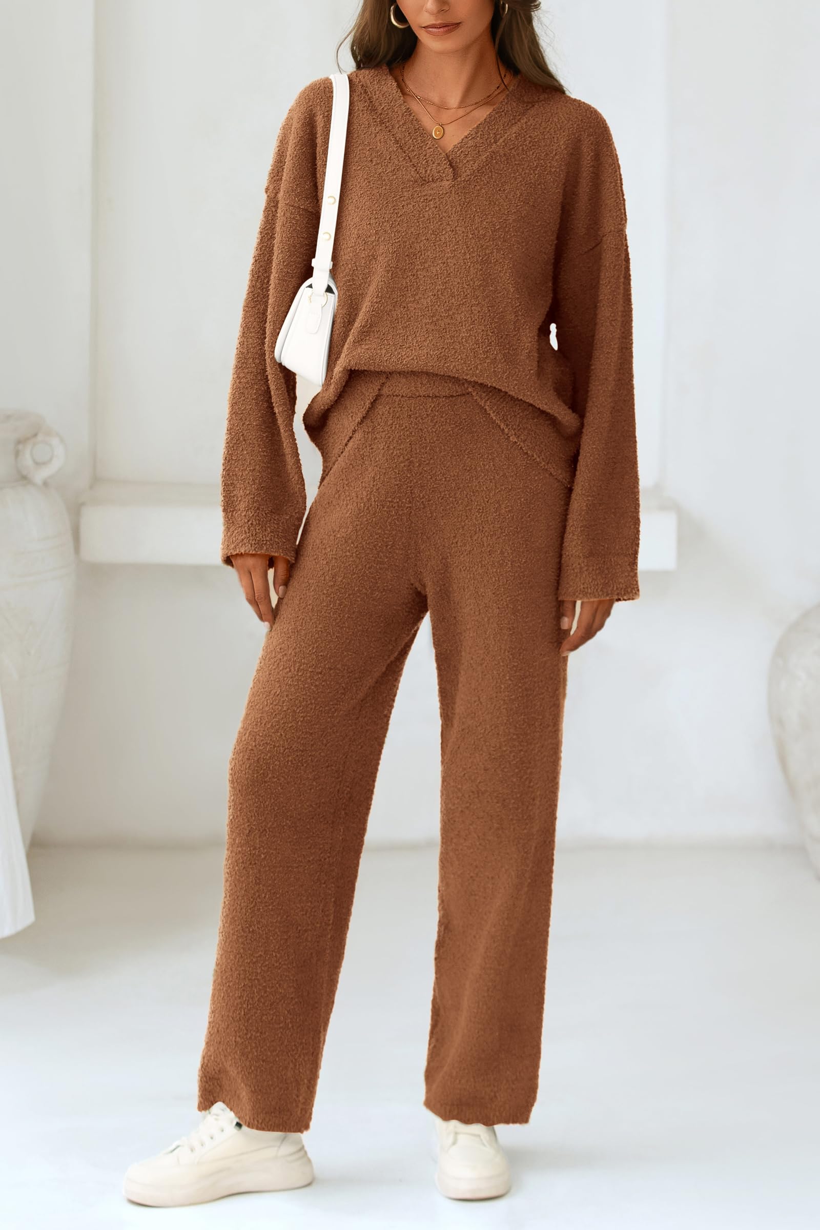 Lounge Sets for Women Fall 2 Piece Fuzzy Sweater Pajama Set