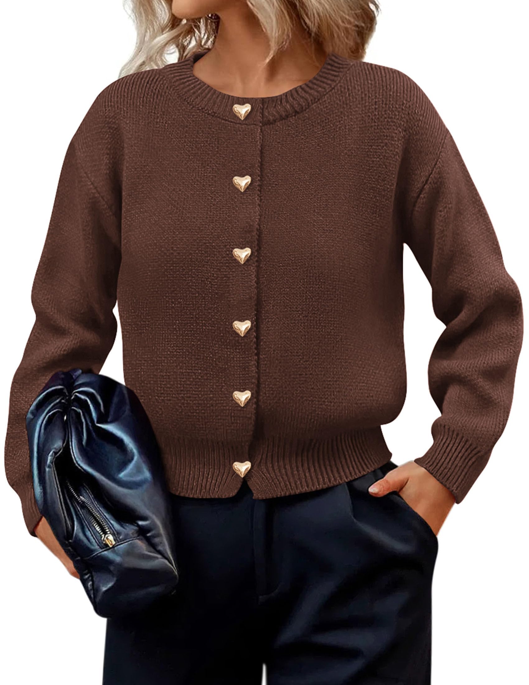 Women's Long Sleeve Button Up Cardigan,Brown,S