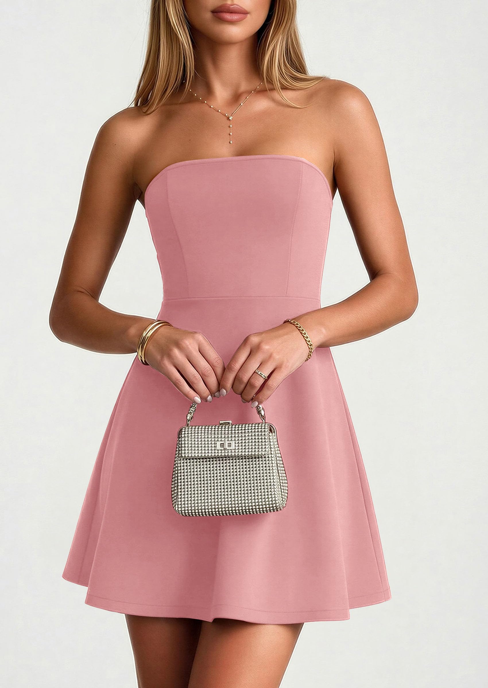 Women's Strapless A Line Mini Summer Dresses Pink,XS