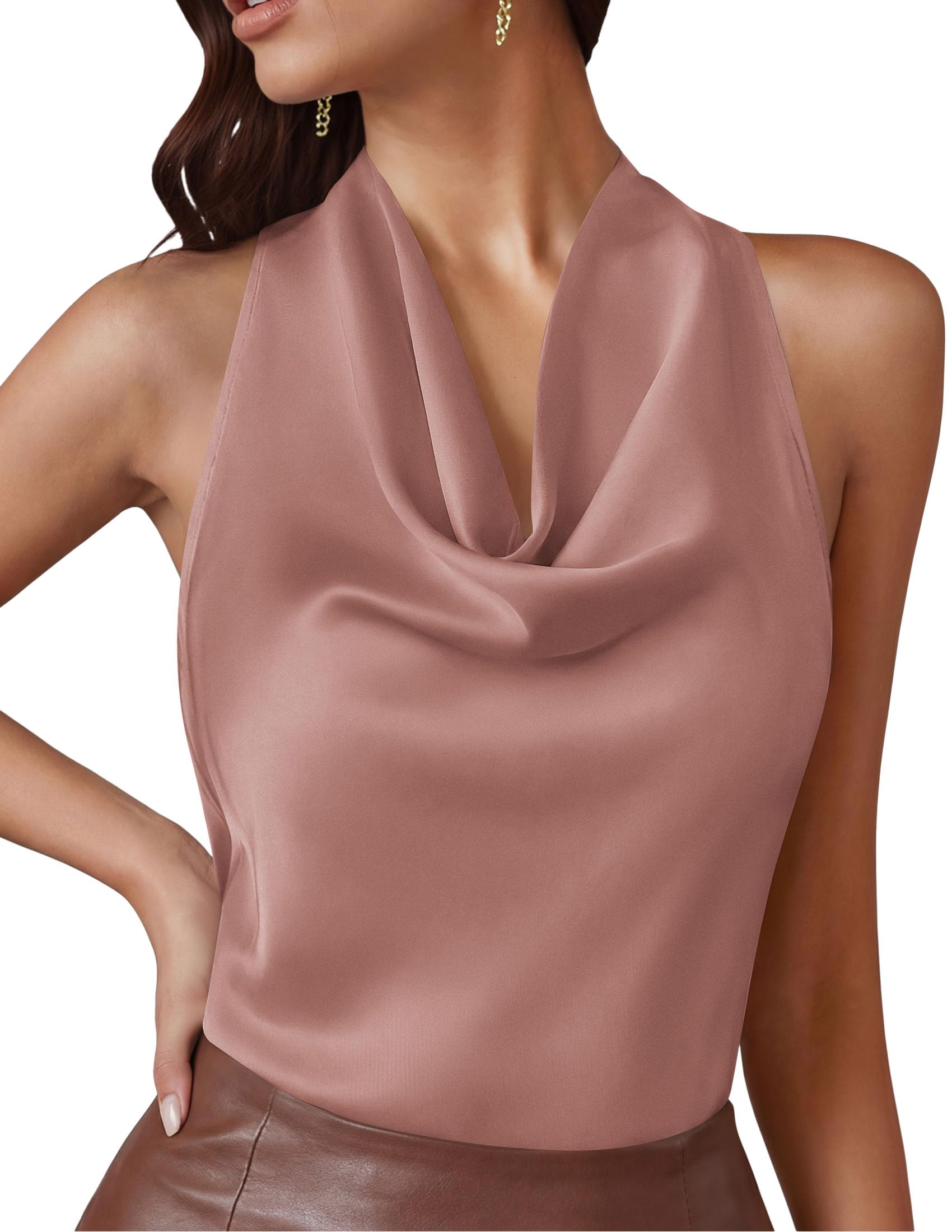 Satin Halter Tops for Women Dressy Casual Pink,XS