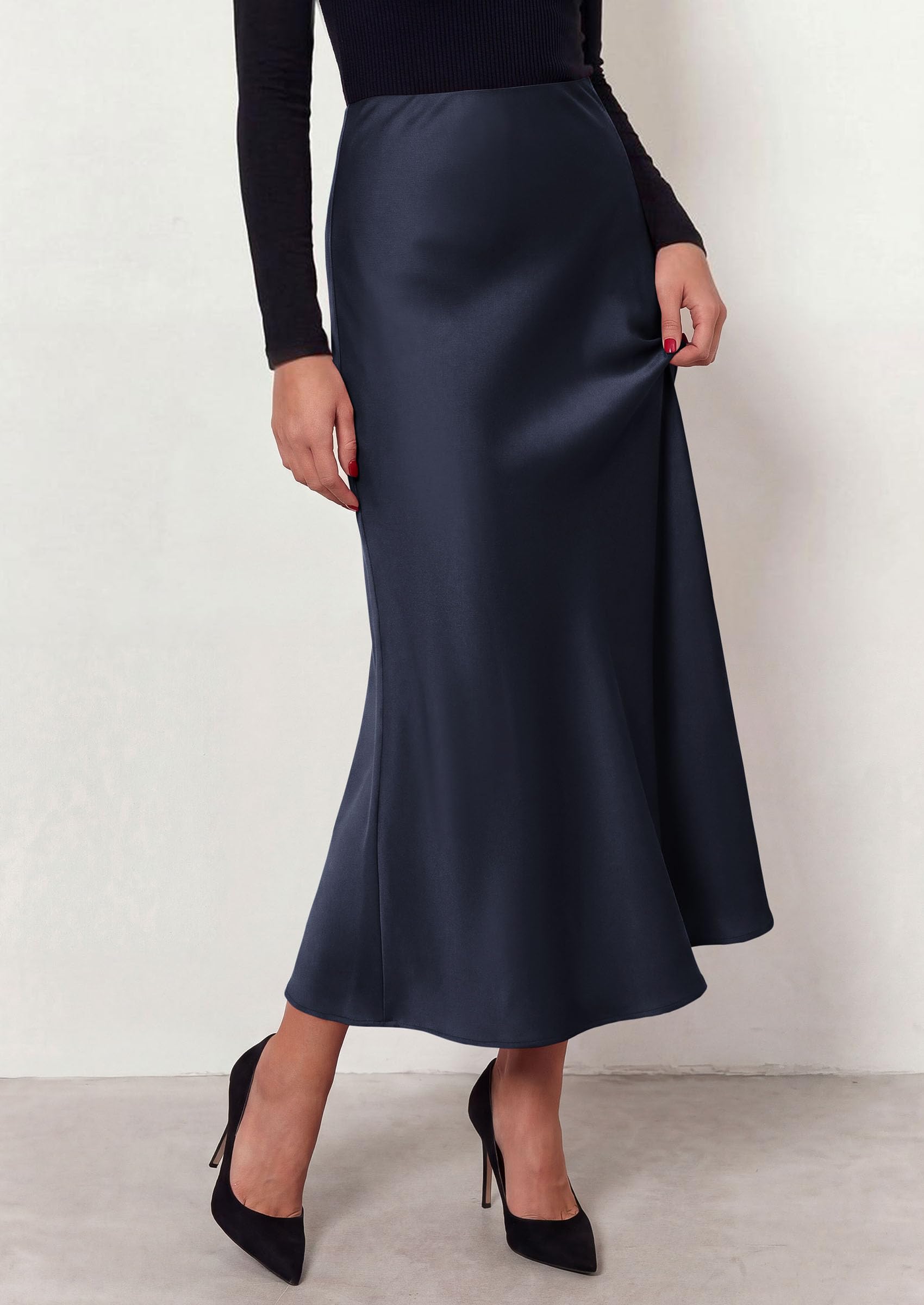 Women's Silk Satin Maxi Skirts Fall Clothes (Royal Blue,S)