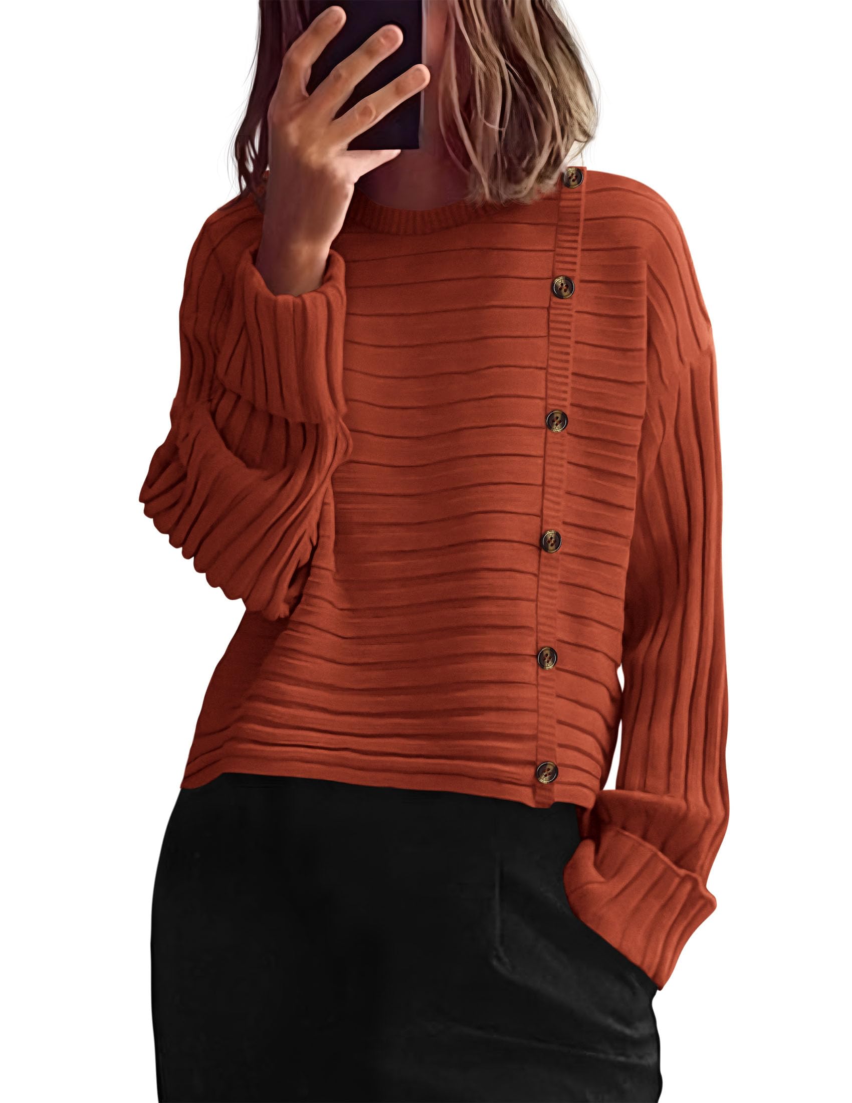 Womens Asymmetric Button Long Sleeve Sweater,Rust Red,S