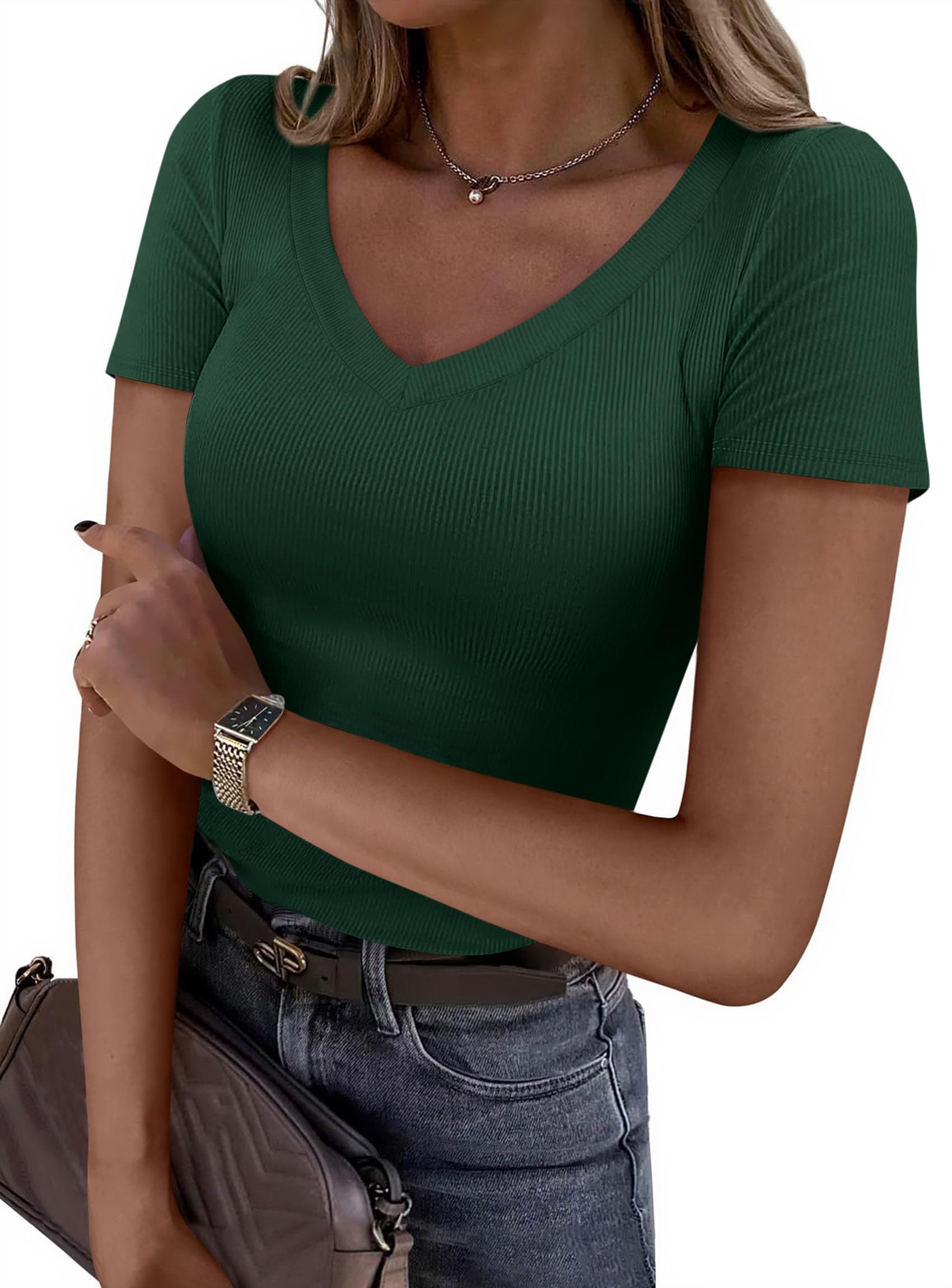 Women's Summer Trendy Tops V Neck T Shirts (Dark Green,XS)