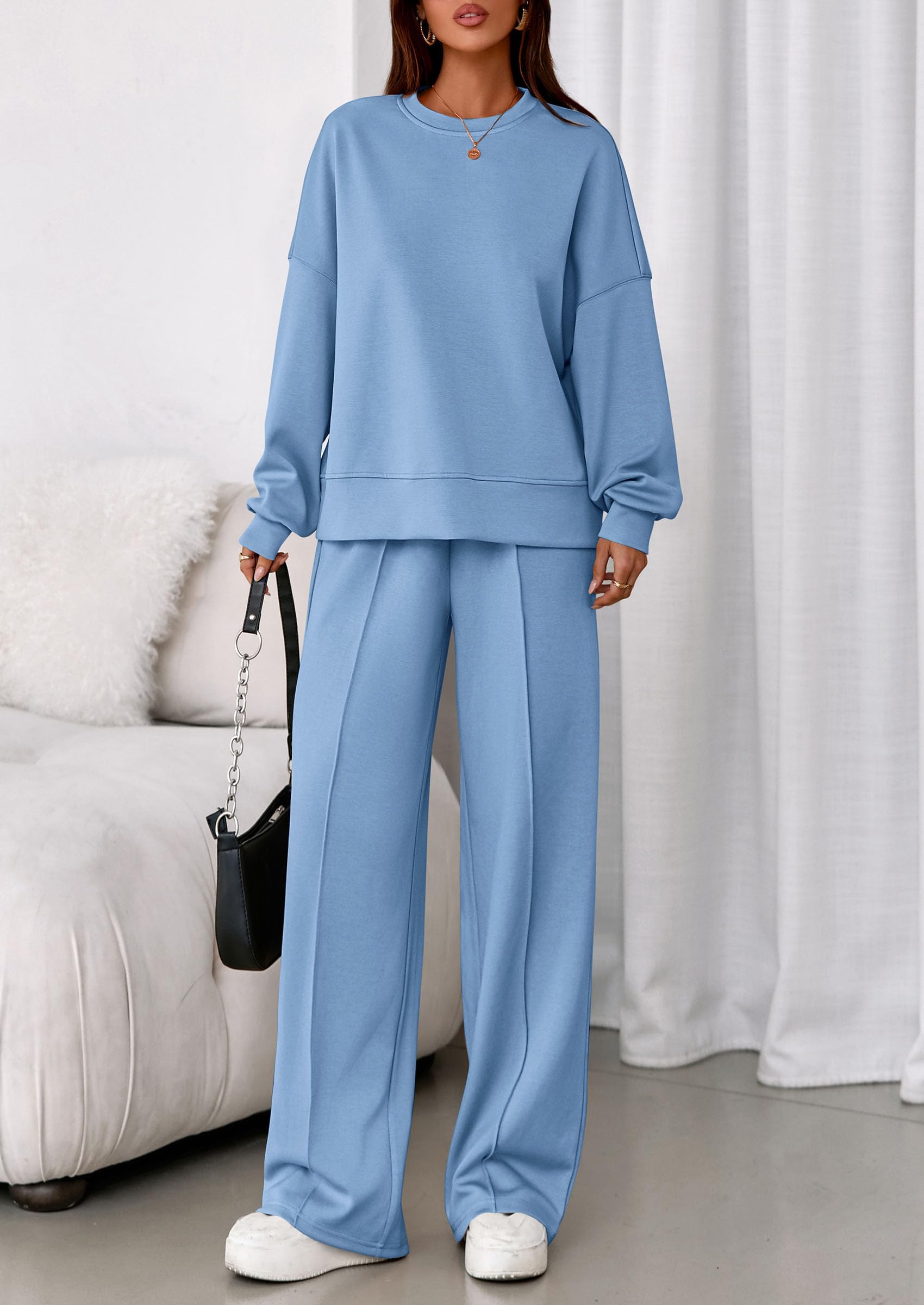 Womens Long Sleeve Sweatshirt 2 Piece Sets,Light Blue,S