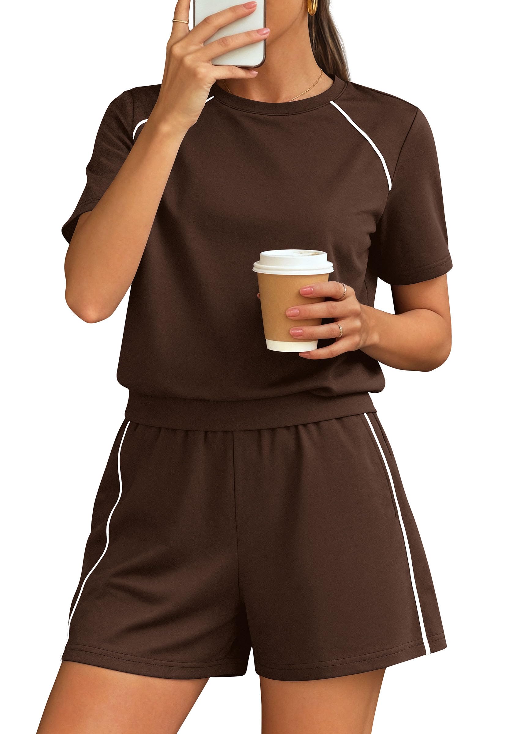 Womens 2 Piece Short Sets Casual Summer Outfits, Brown,S