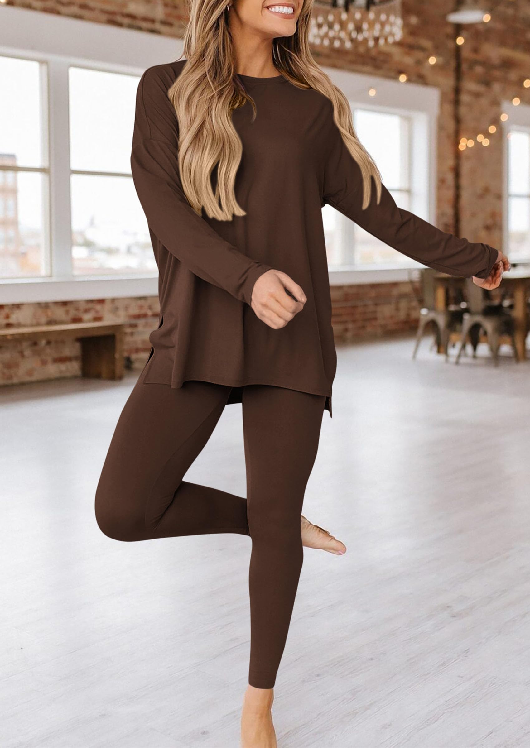 Women's 2 Piece Outfits Matching Lounge Sets,Coffee,S