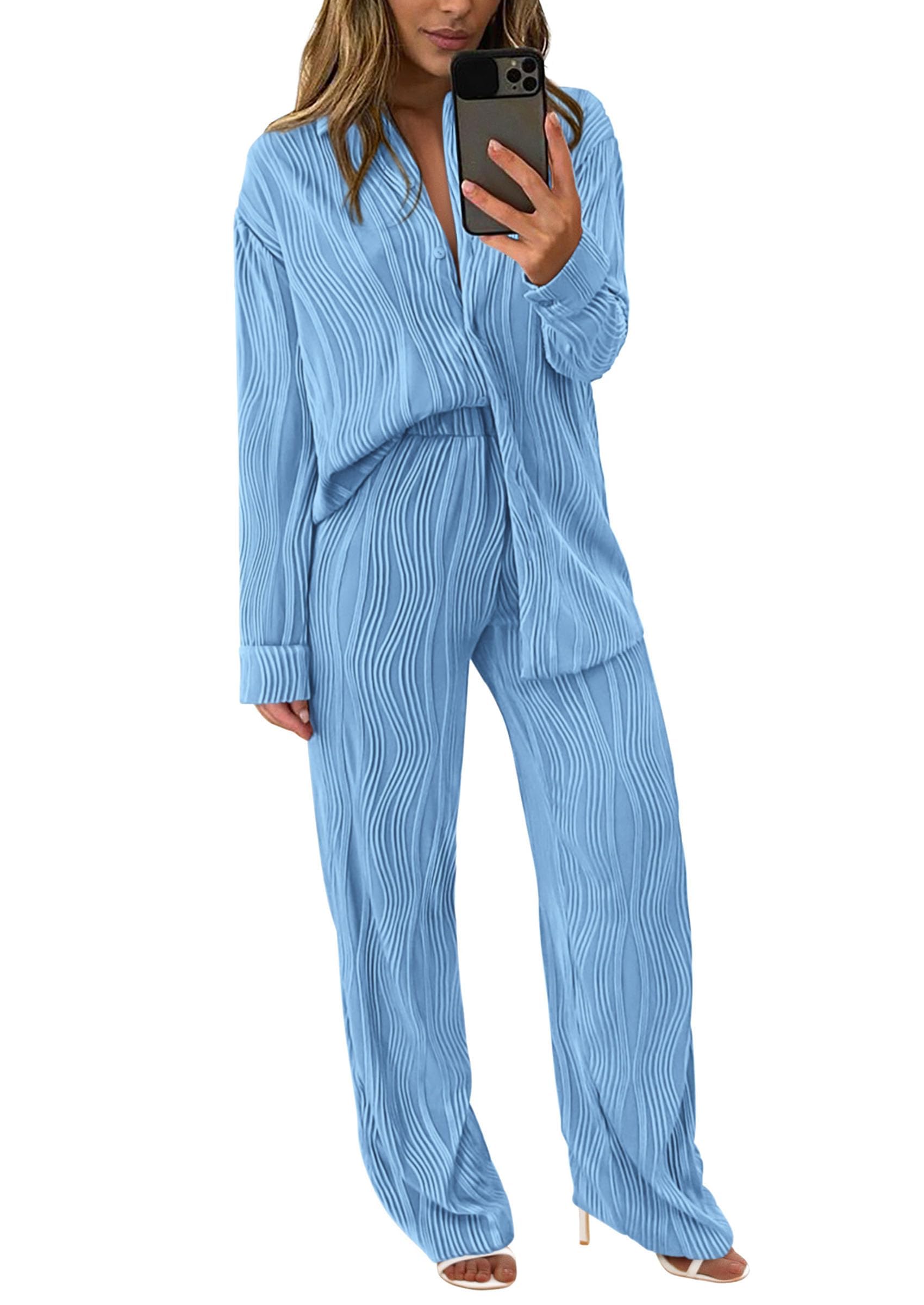 Womens 2 Piece Sets Button Down Lounge Tracksuit,Light Blue,S