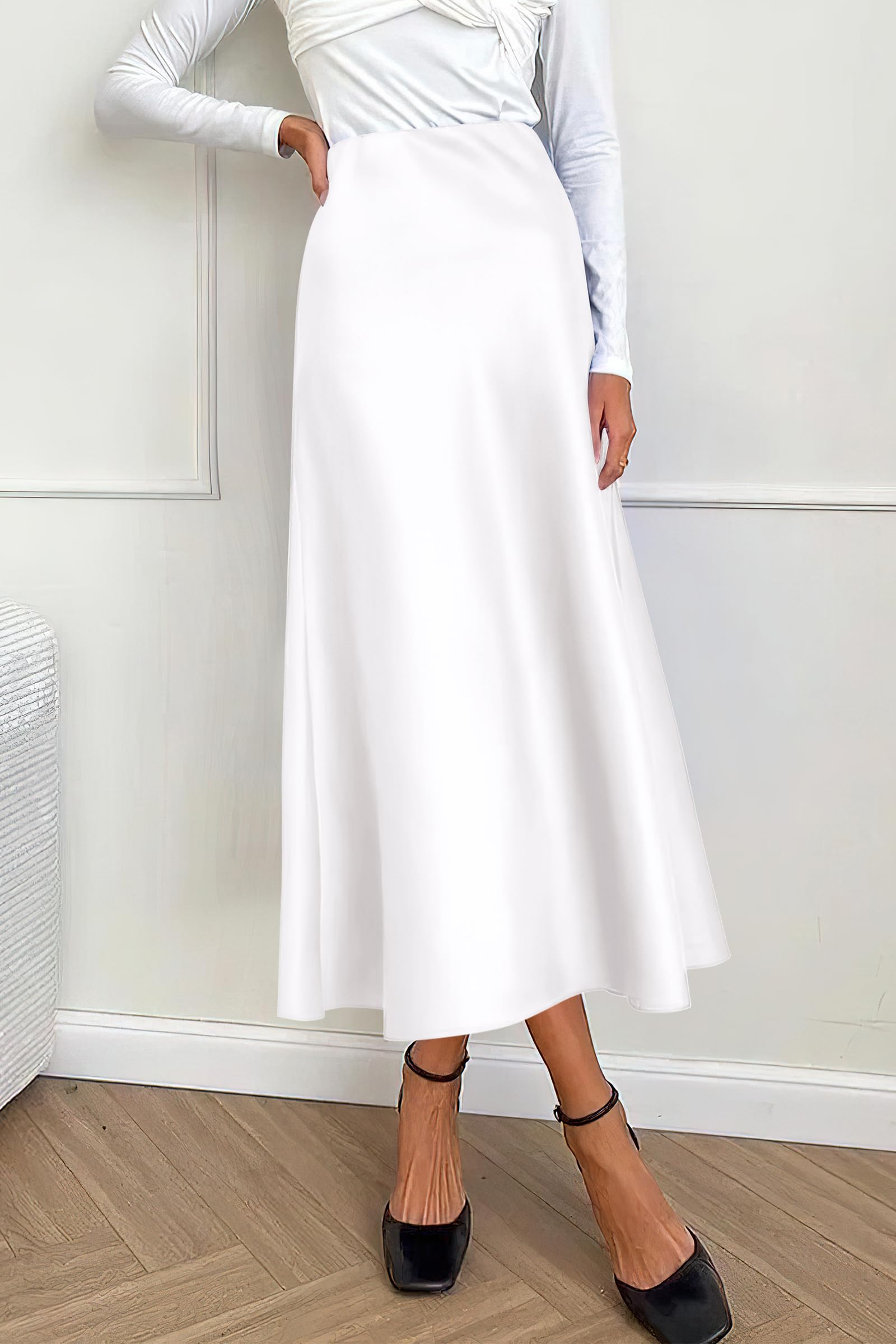 Women's Satin Midi Skirts Dressy Casual,White,S