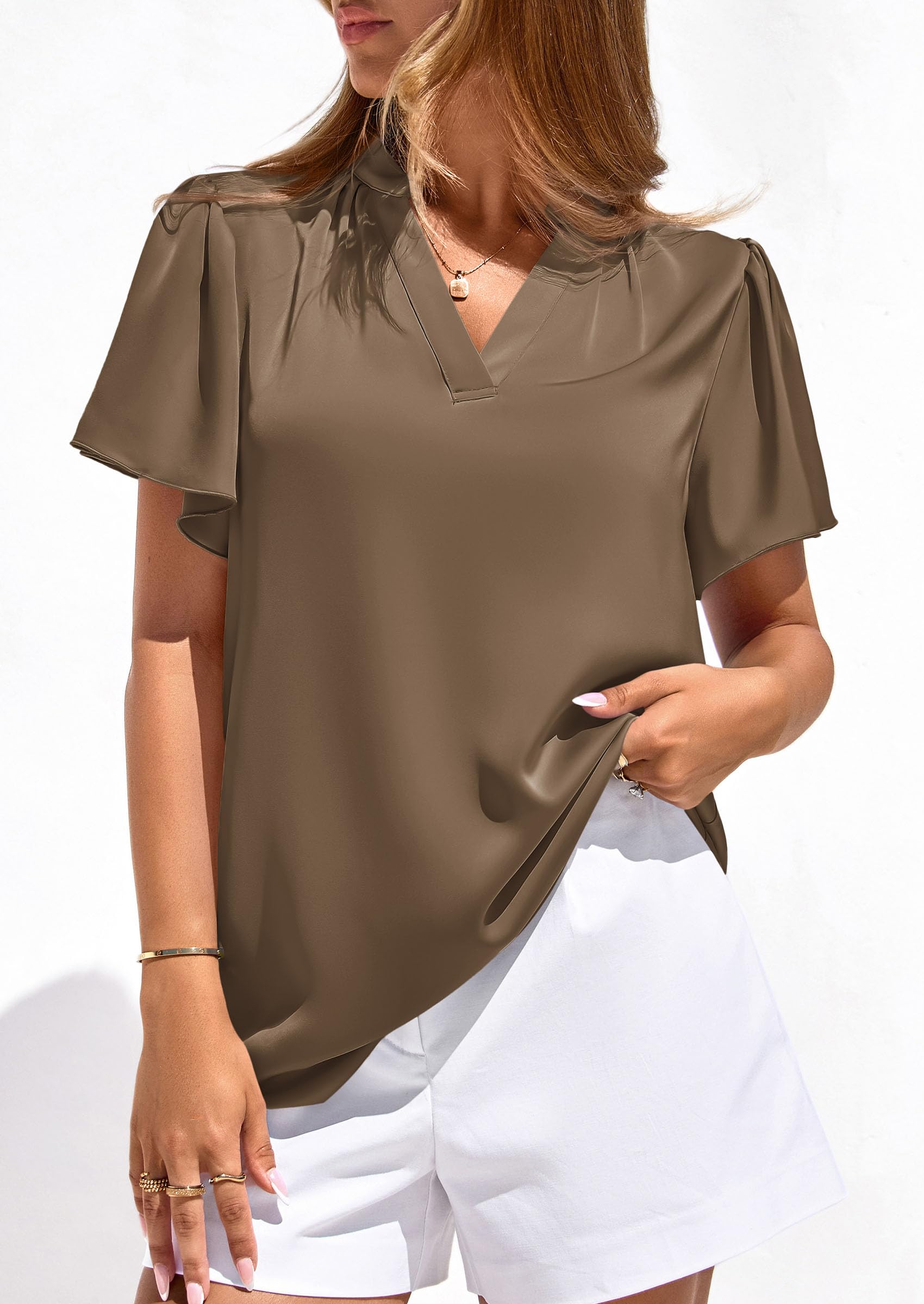 Women's Summer Satin Dressy Casual Blouses (Brown,S)