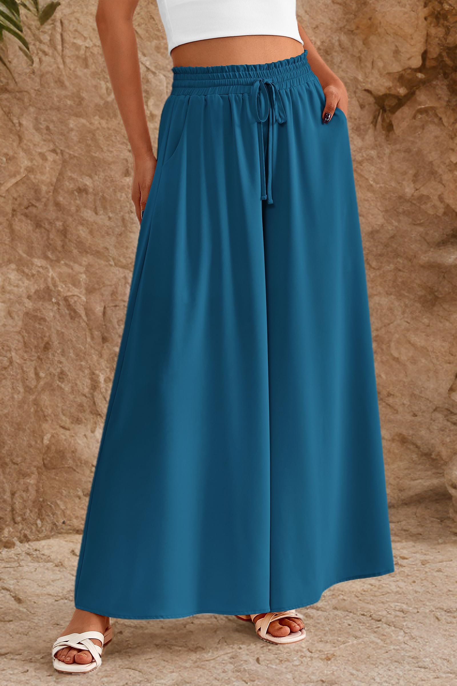 Summer Wide Leg Palazzo Pants for Women Casual,Lake Blue,S