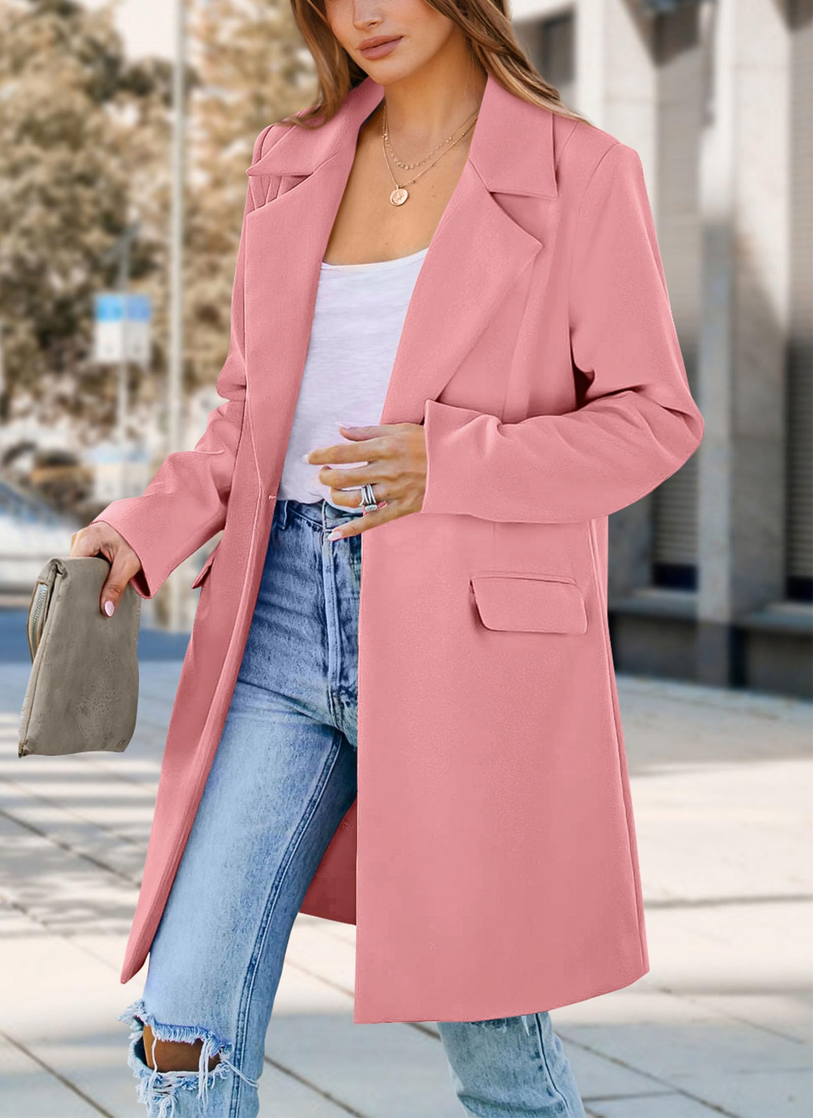 Women's Business Casual Long Blazer Jackets(Dusty Pink,S)