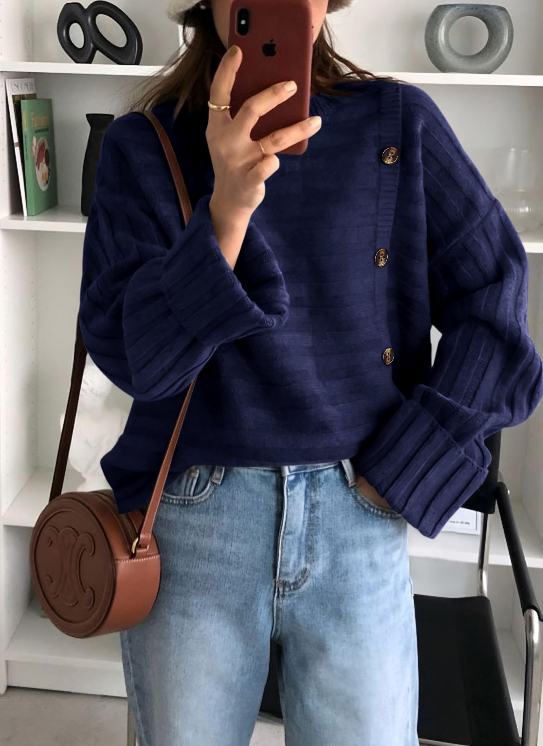 Womens Asymmetric Button Long Sleeve Sweater,Navy,S