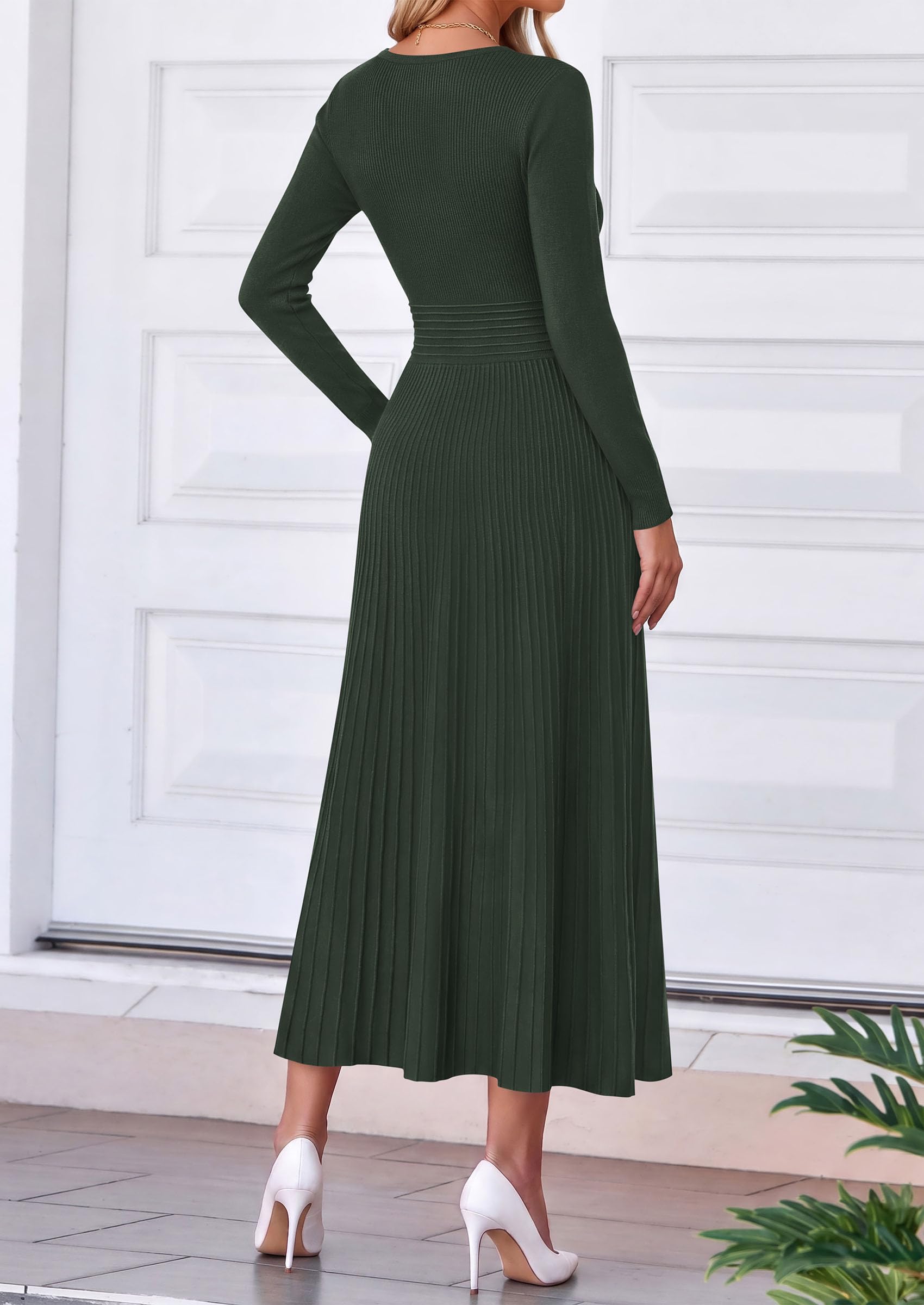 Women's Fall V Neck Pleated Midi Sweater Dress,Army Green,S