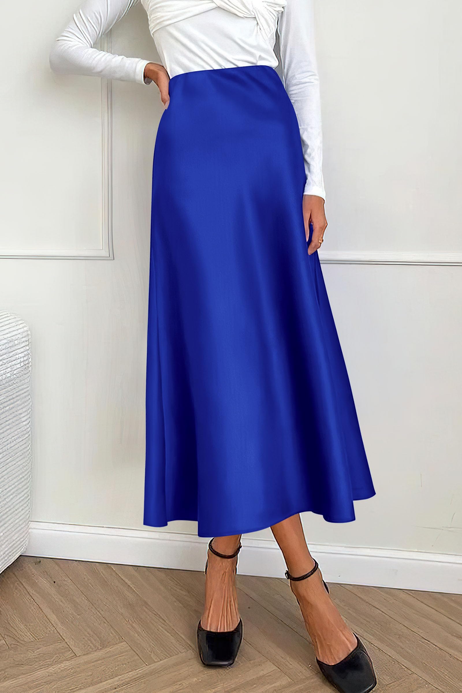Women's Satin Midi Skirts Dressy Casual,Royal Blue,S