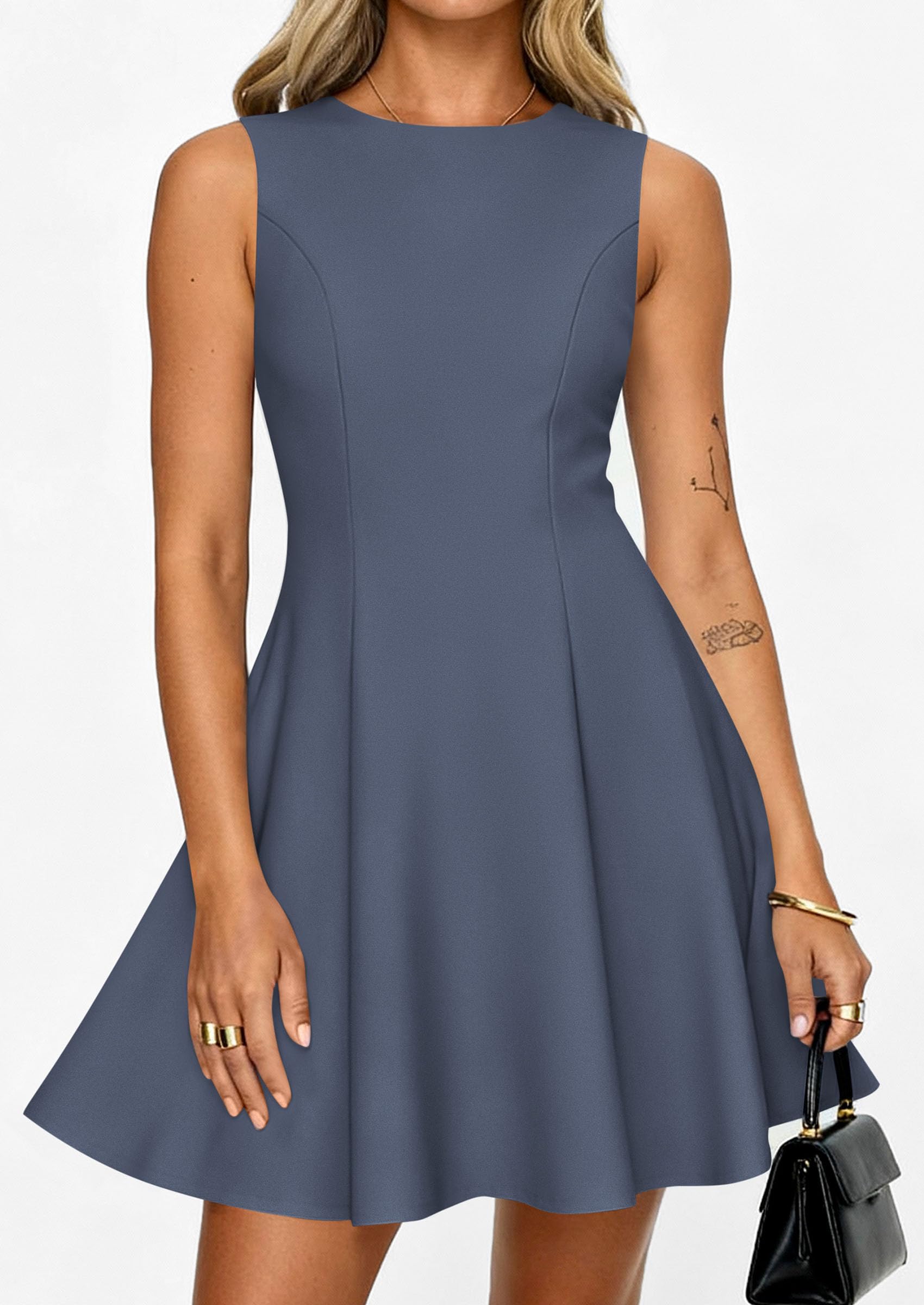 Women's Formal Boat Neck A Line Mini Dress,Dusty Blue,XS