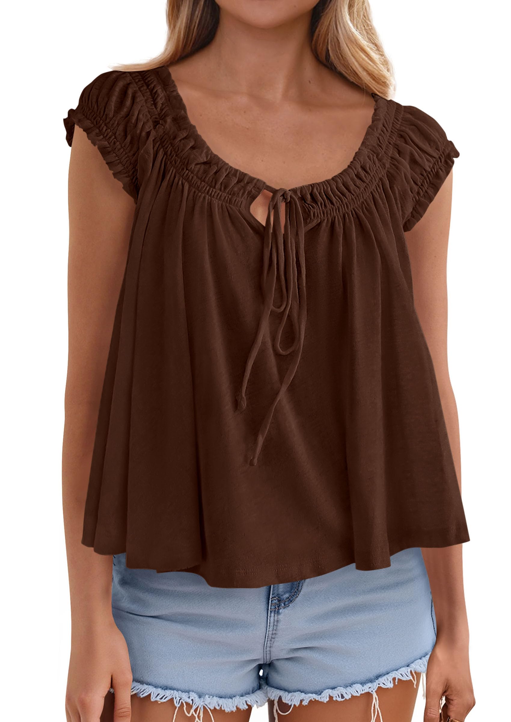 Womens Summer Tank Tops Babydoll Peplum Blouses,Brown,XS