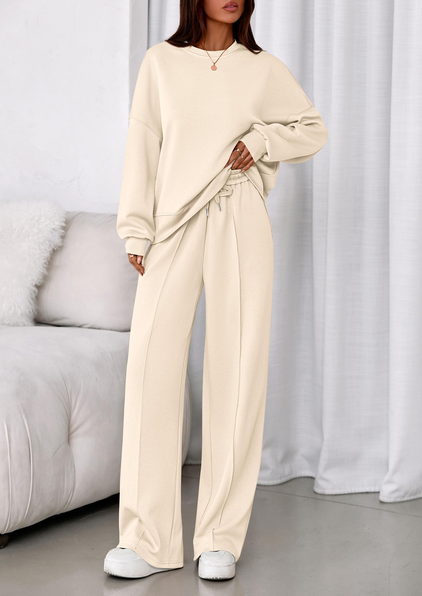 Womens Long Sleeve Sweatshirt 2 Piece Sets,Beige,S