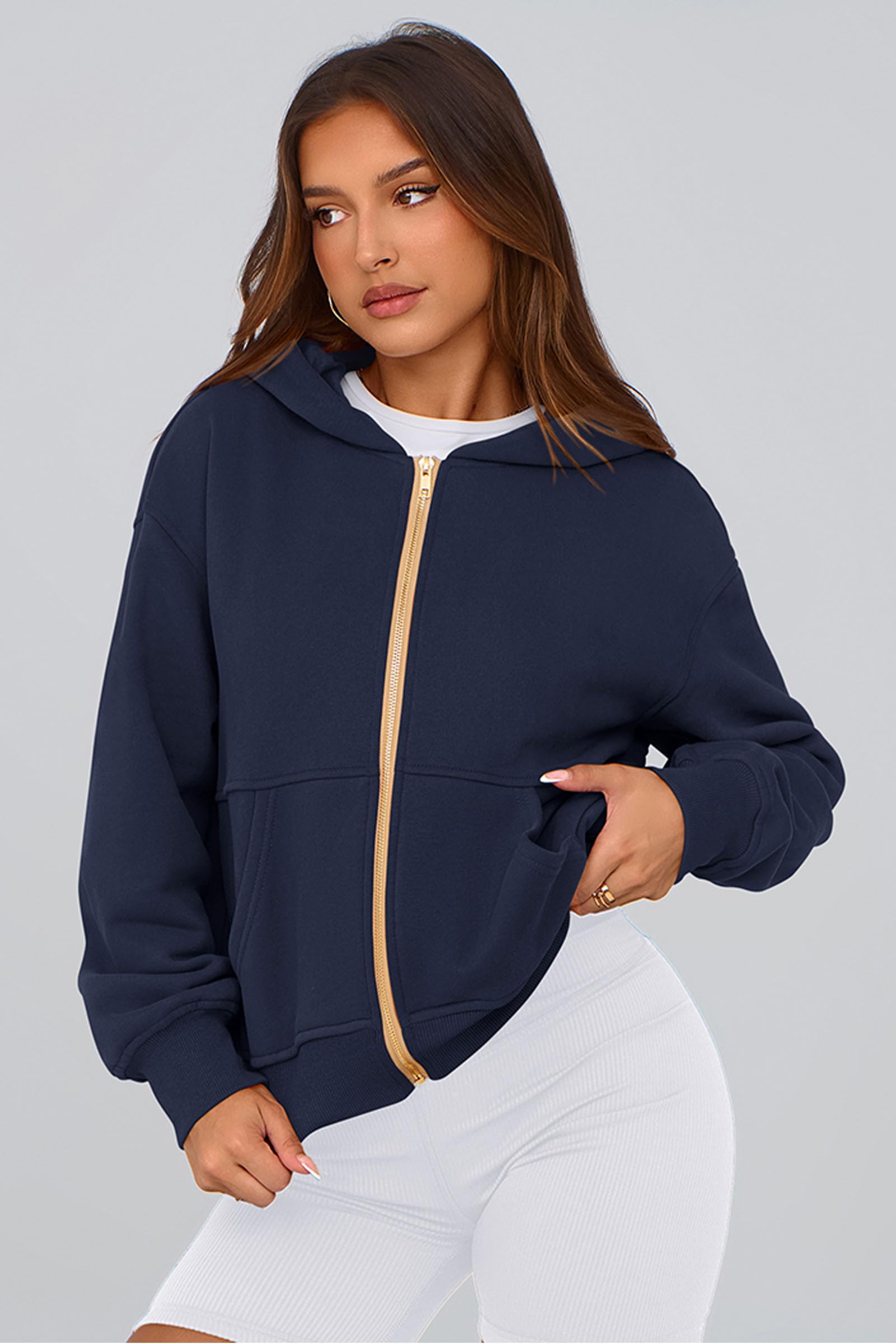 Hoodies for Women Fall Fashion Zip Up Fleece Plain Sweatshirt