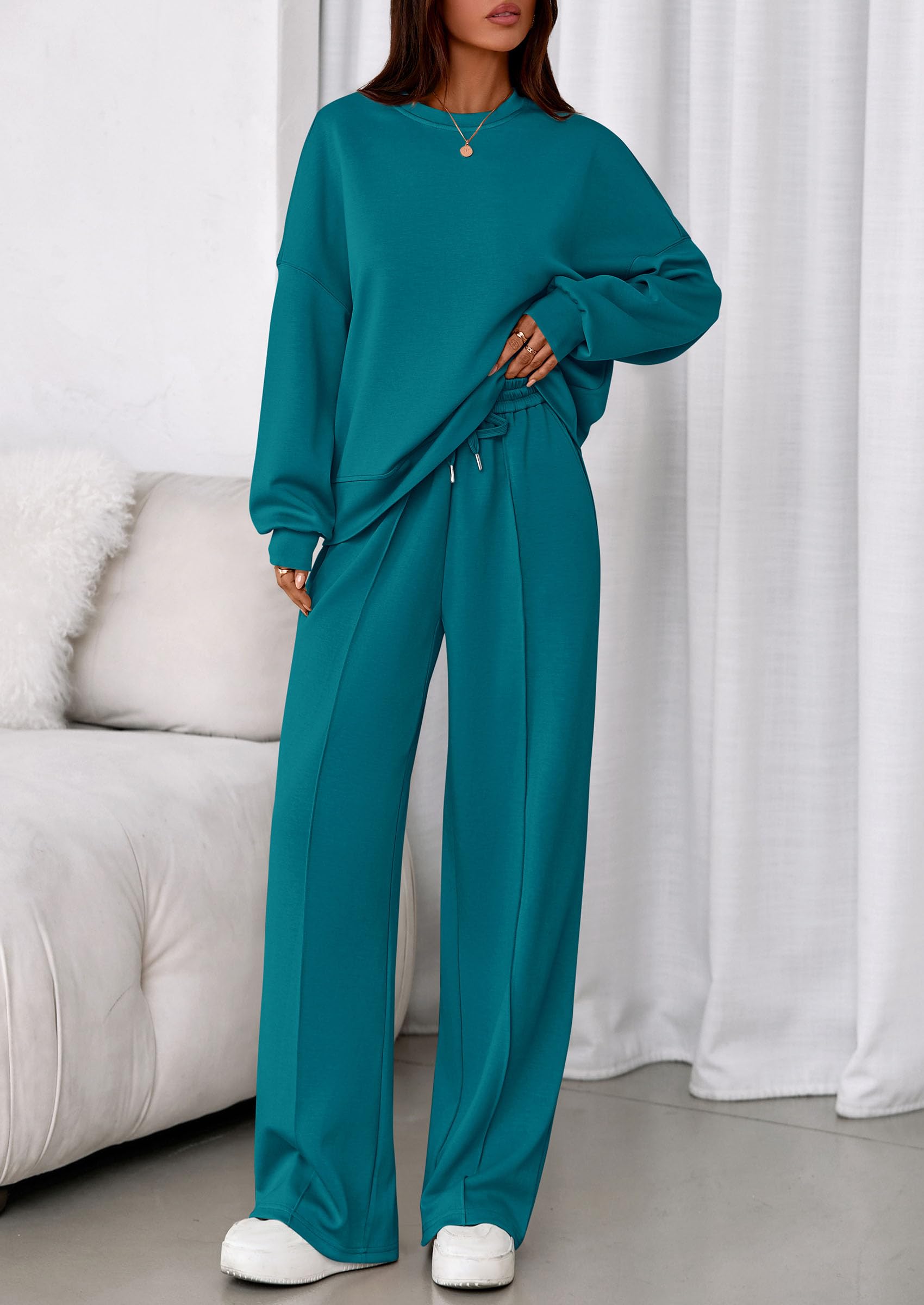 Womens Long Sleeve Sweatshirt 2 Piece Sets,Blue Green,S
