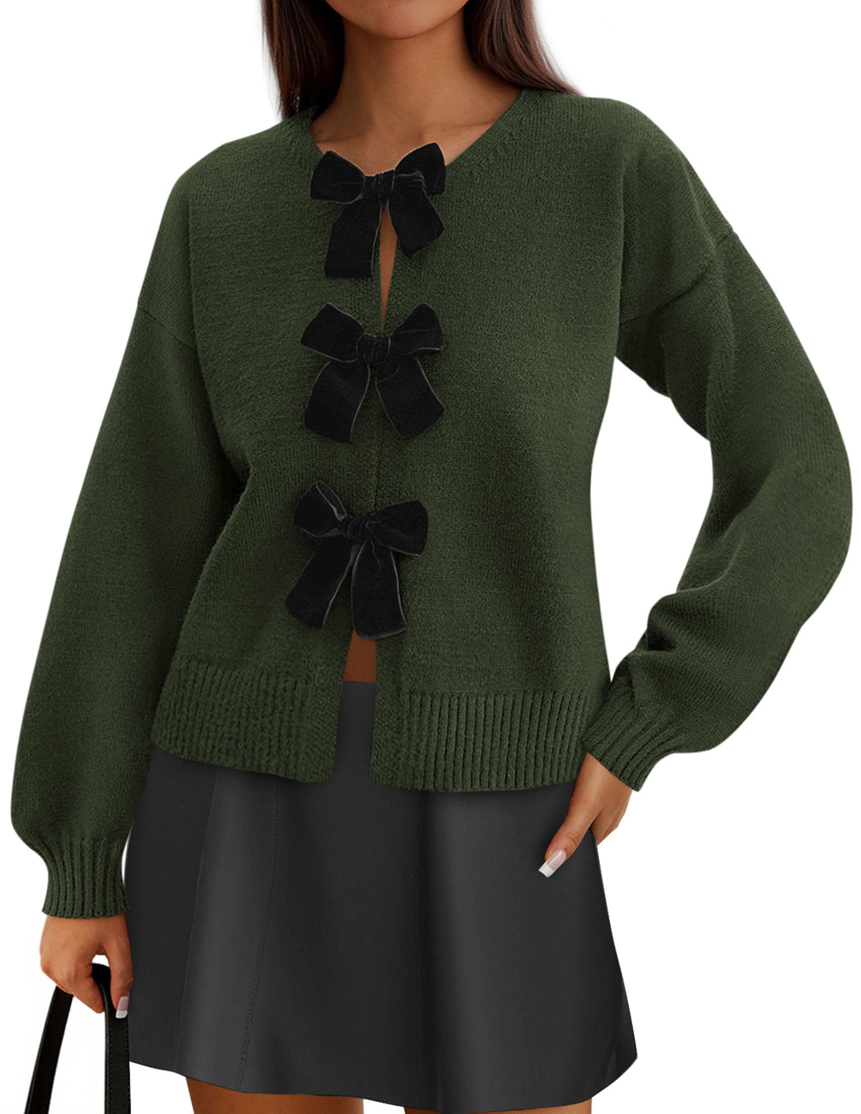 Women's Fall Bow Tie Front Cardigan Sweaters,Army Green,S