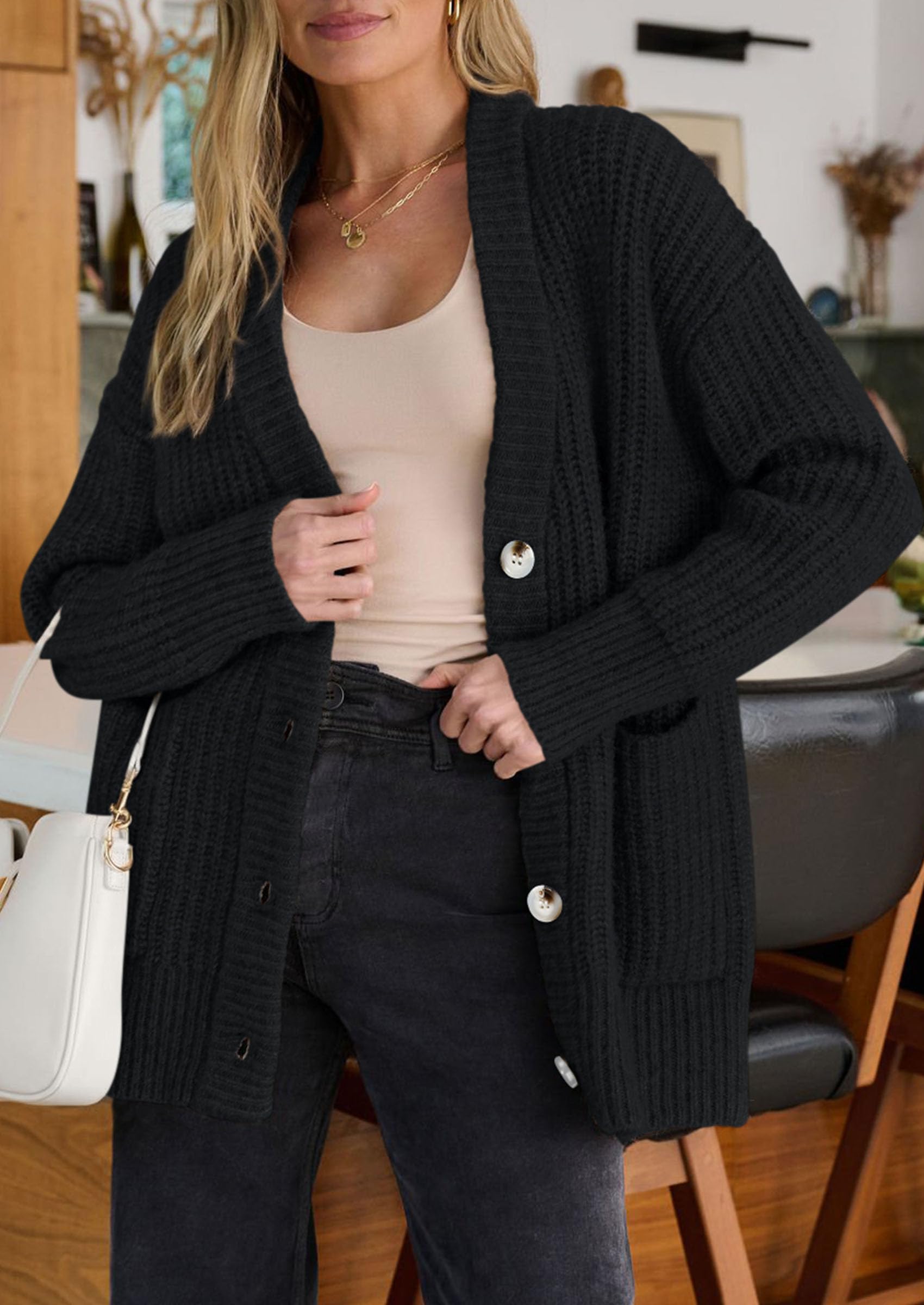 Oversized Cardigan Sweaters for Women Button Up,Black,S