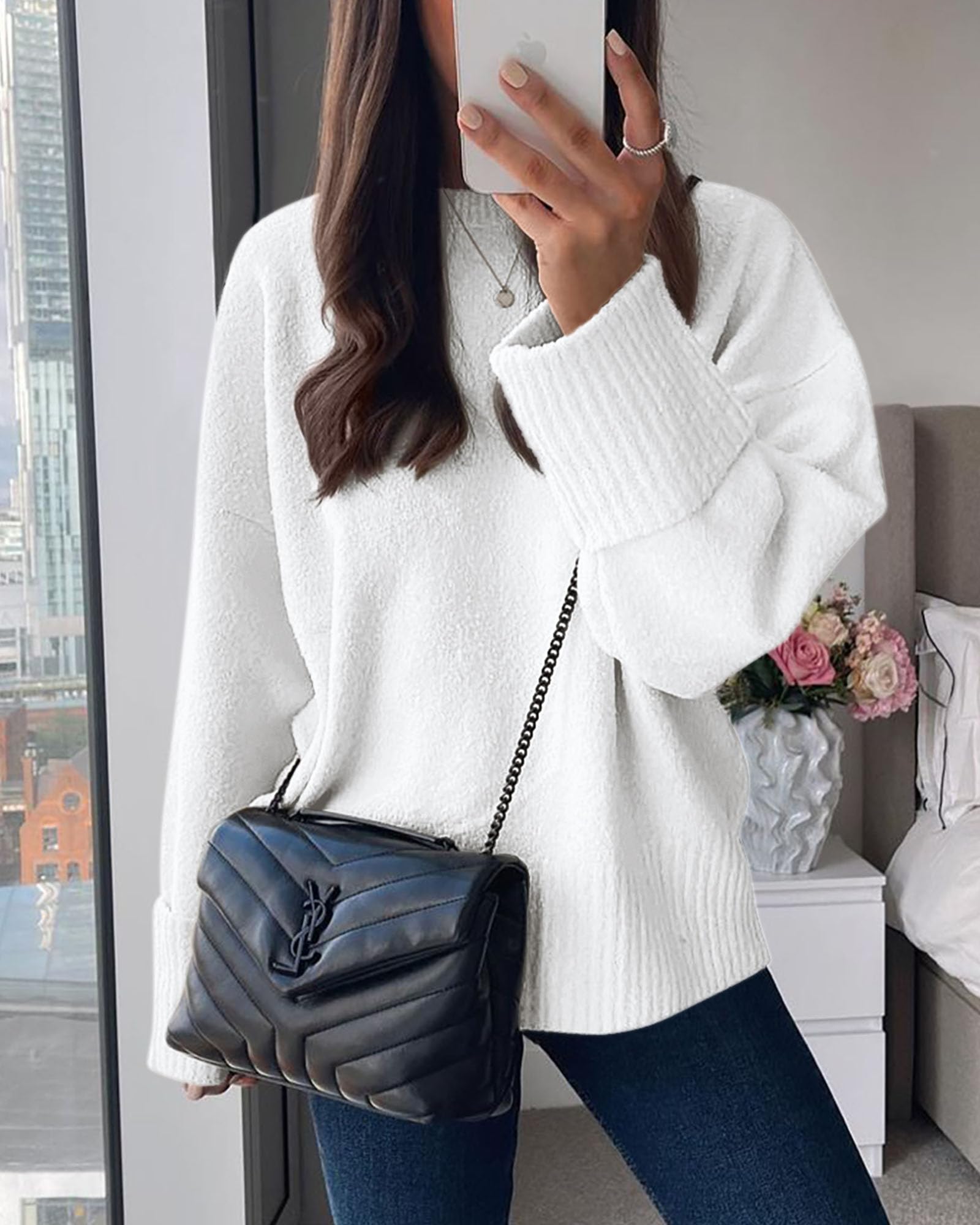 Women's Fall Fashion Cozy Oversized Sweaters(White,XS)