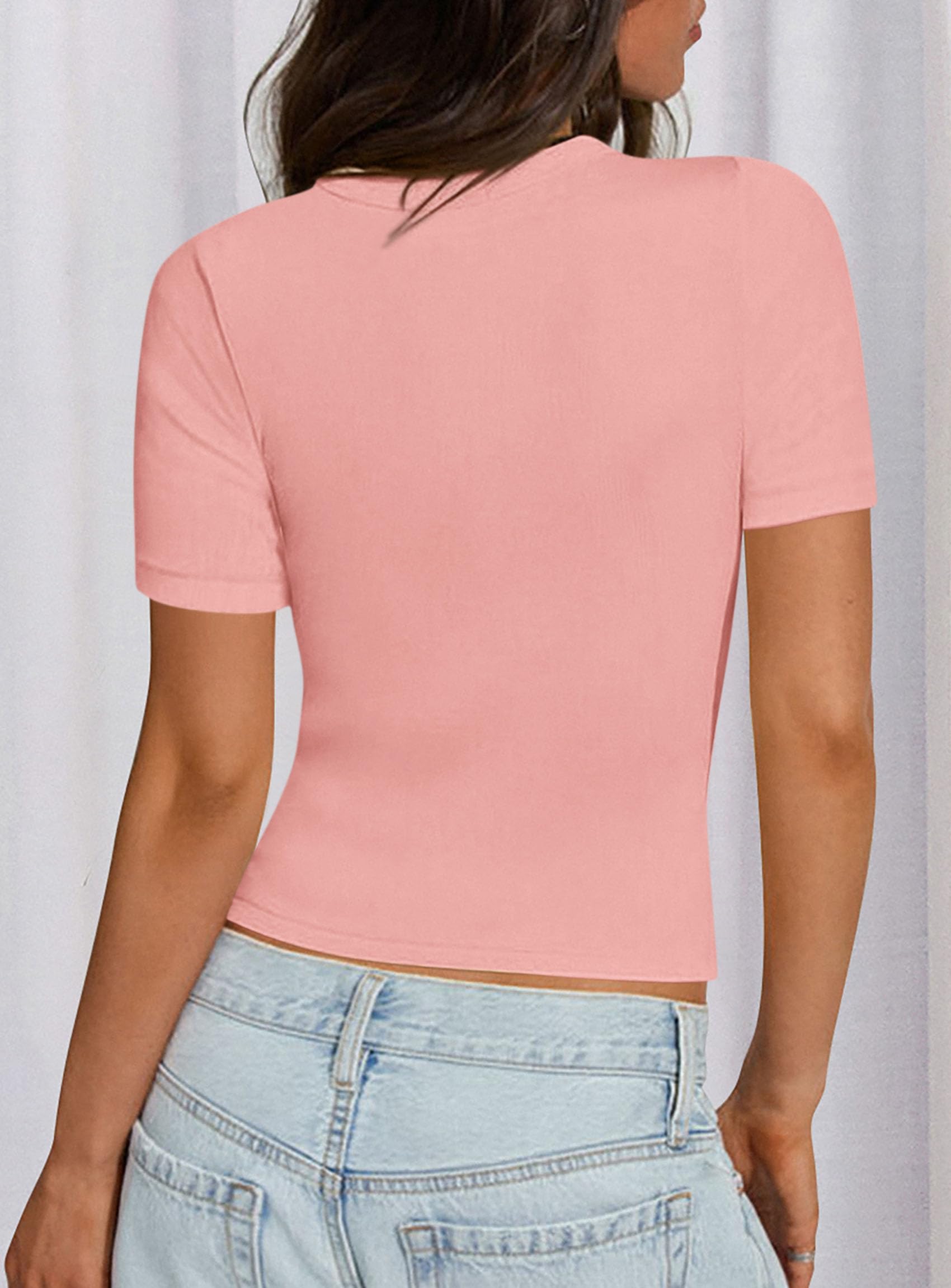 Womens Short Sleeve Slim Fit Basic Shirts,Pink,XS