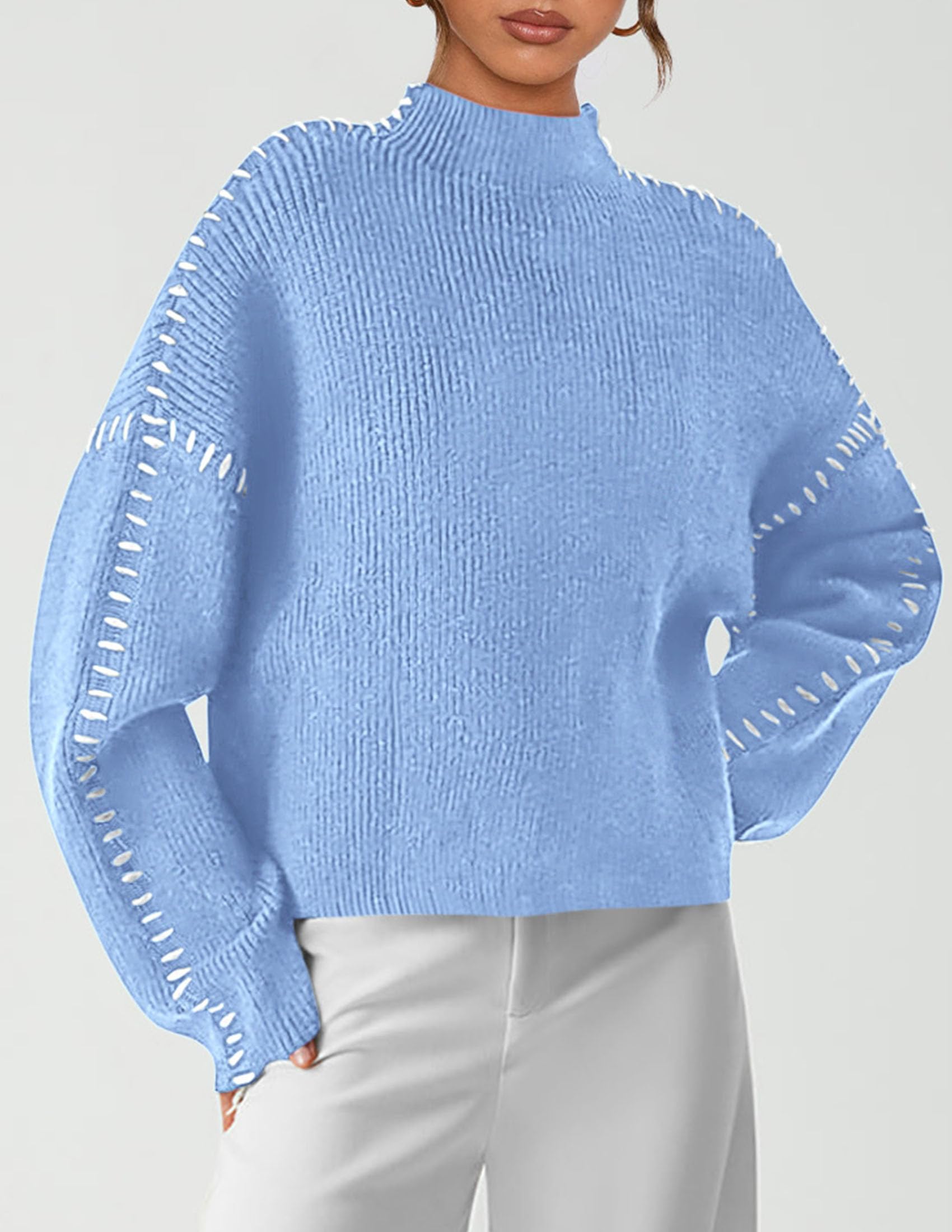 Womens Chunky Knit Oversized Pullover Sweaters,Light Blue,S