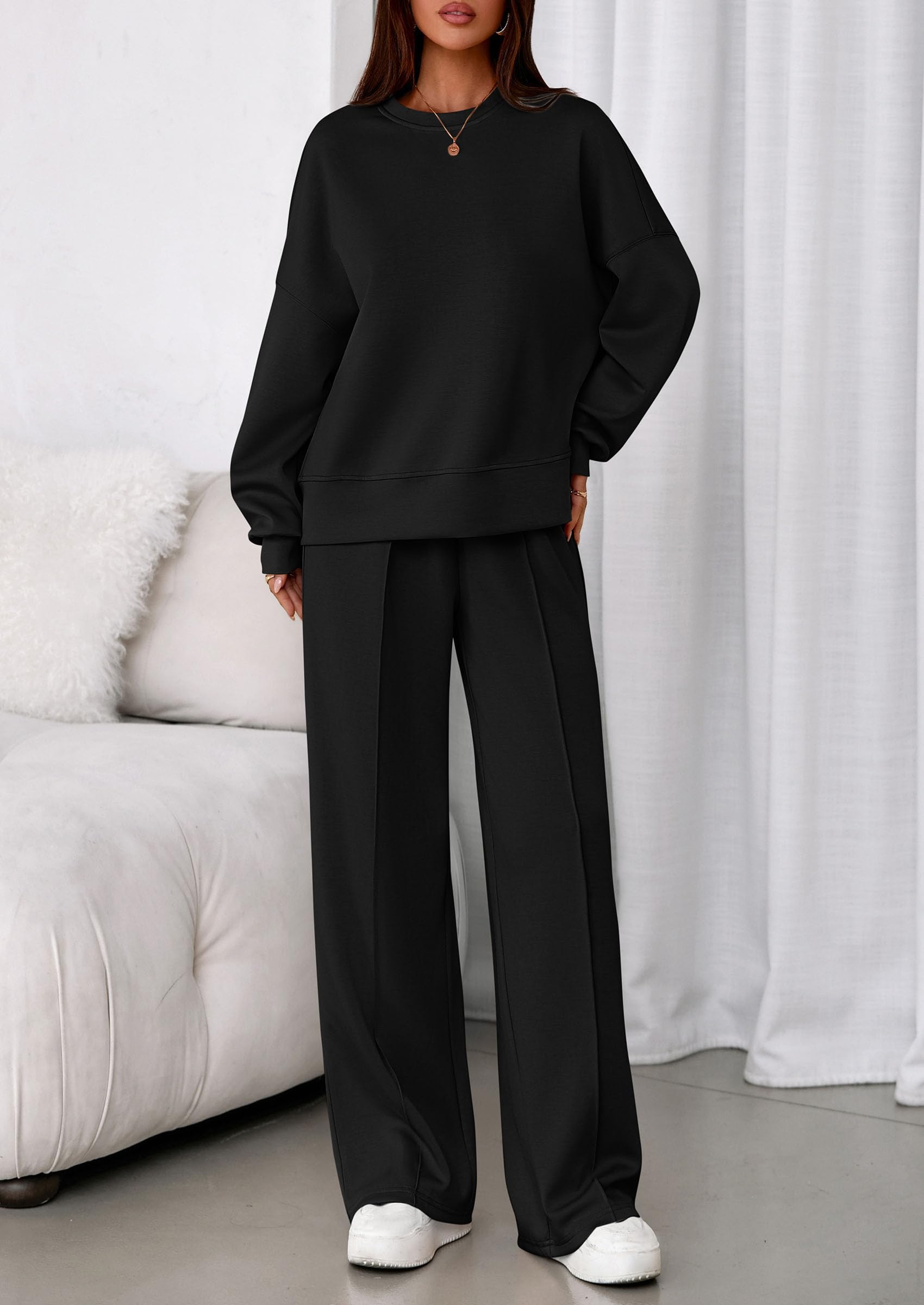 Womens Long Sleeve Sweatshirt 2 Piece Sets,Black,S