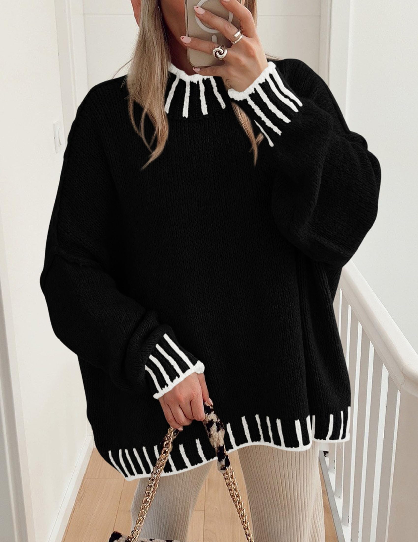 Women's Mock Neck Oversized Pullover Sweaters,Black,XS