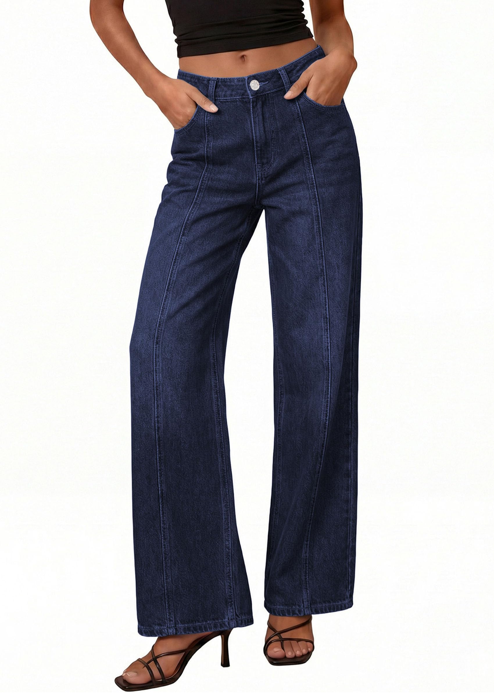 Women's Wide Leg Jeans Stretchy Baggy Denim Pants,Navy Blue,4