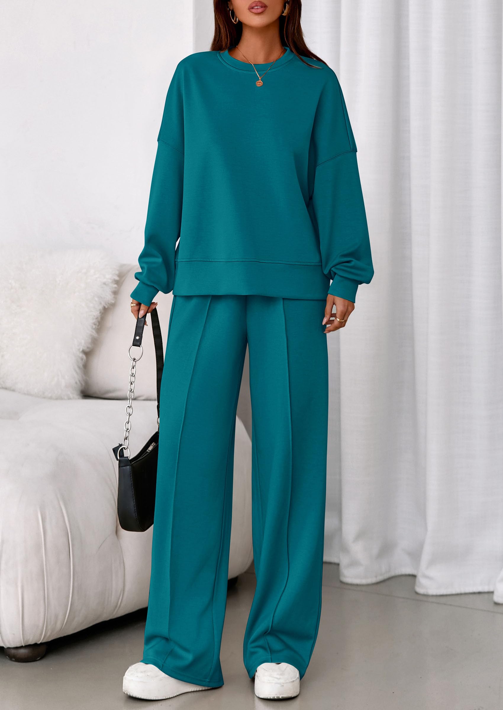 Womens Long Sleeve Sweatshirt 2 Piece Sets,Blue Green,S