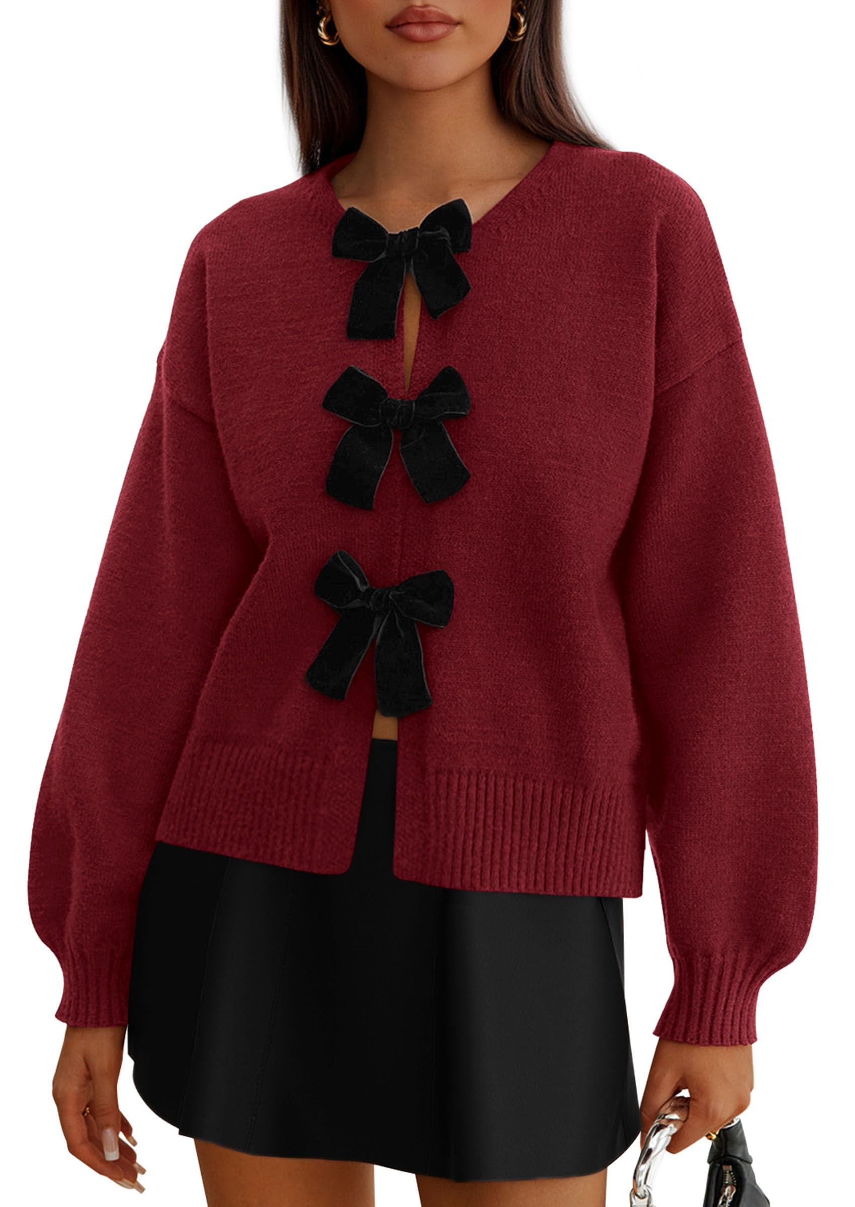 Women's Fall Bow Tie Front Cardigan Sweaters,Red,S