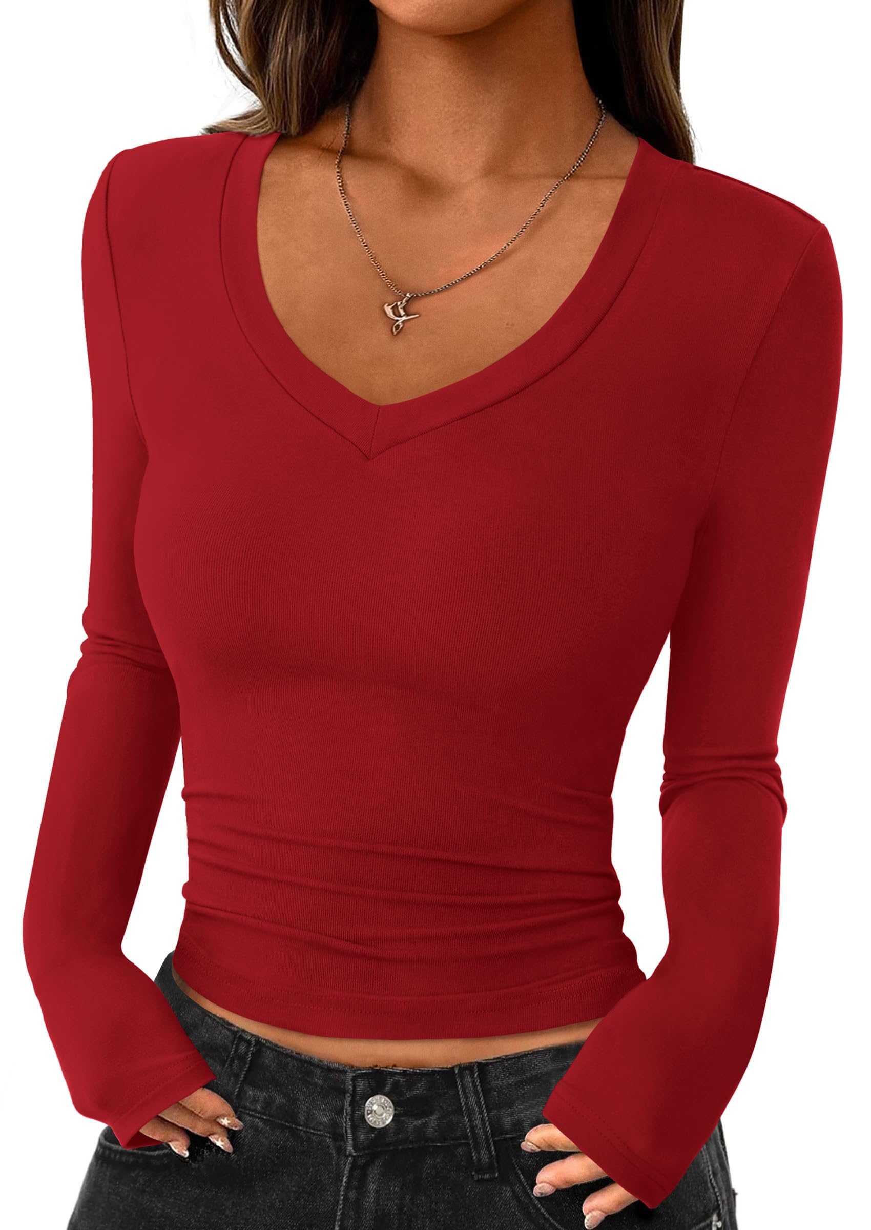 Womens Long Sleeve Slim Fit Crop Tops,Red,XS