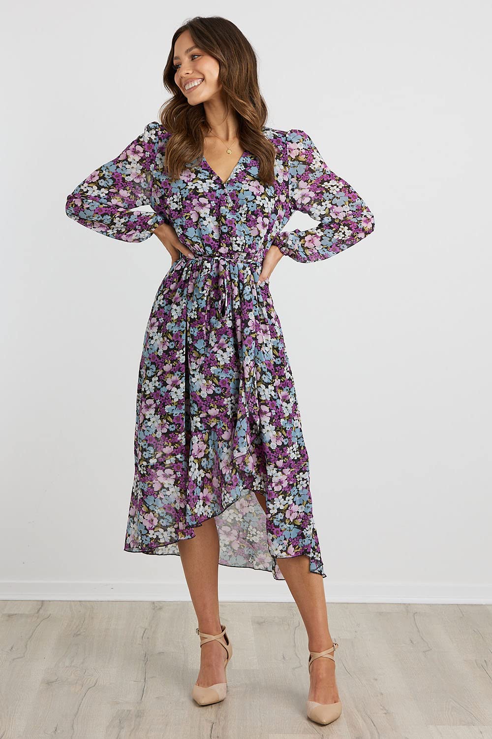 Women's Floral Boho Long Sleeve Maxi Dress, Floral Purple,S