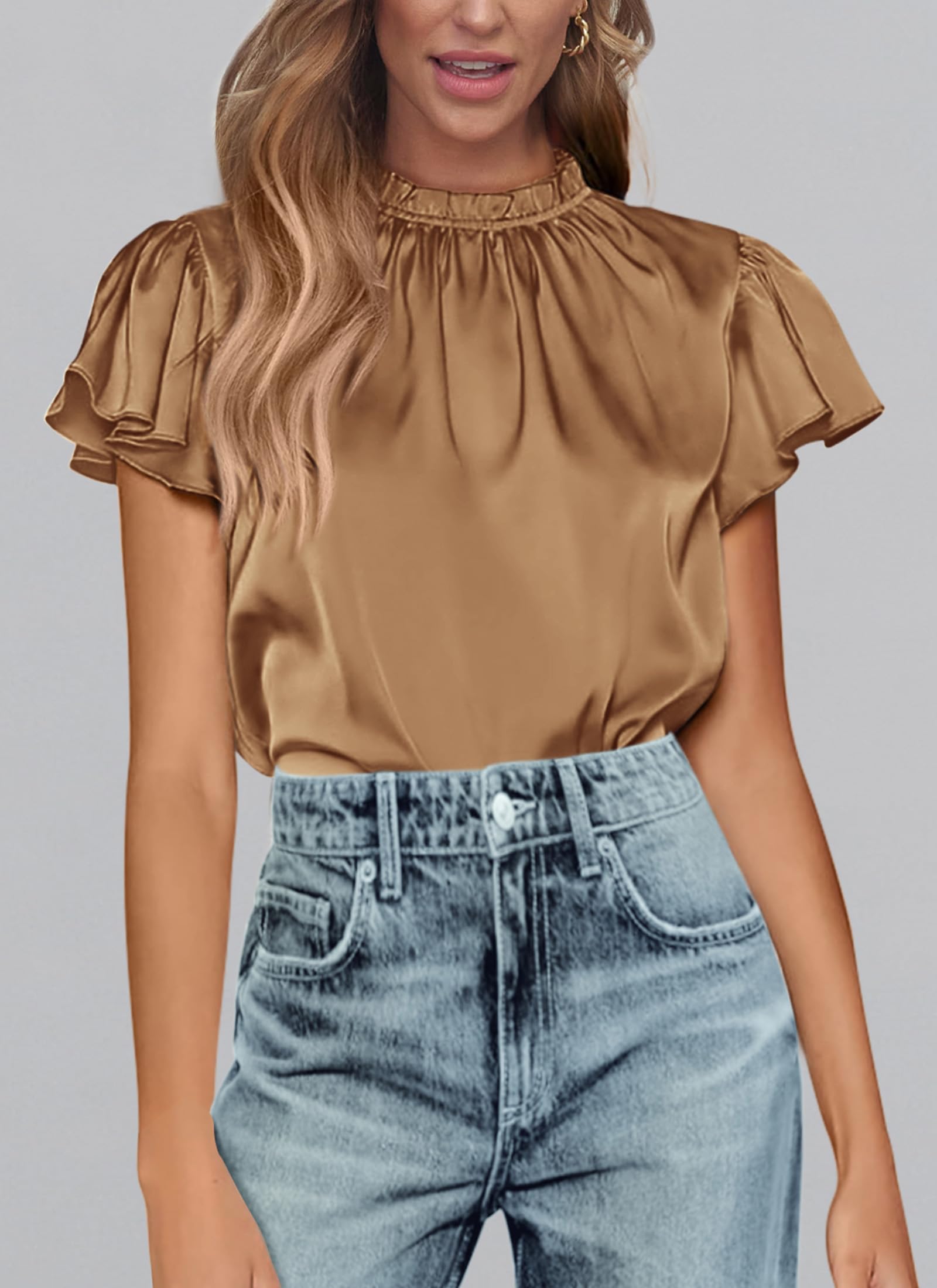 Women's Satin Tops Business Casual Work Blouses, Dark Khaki,S