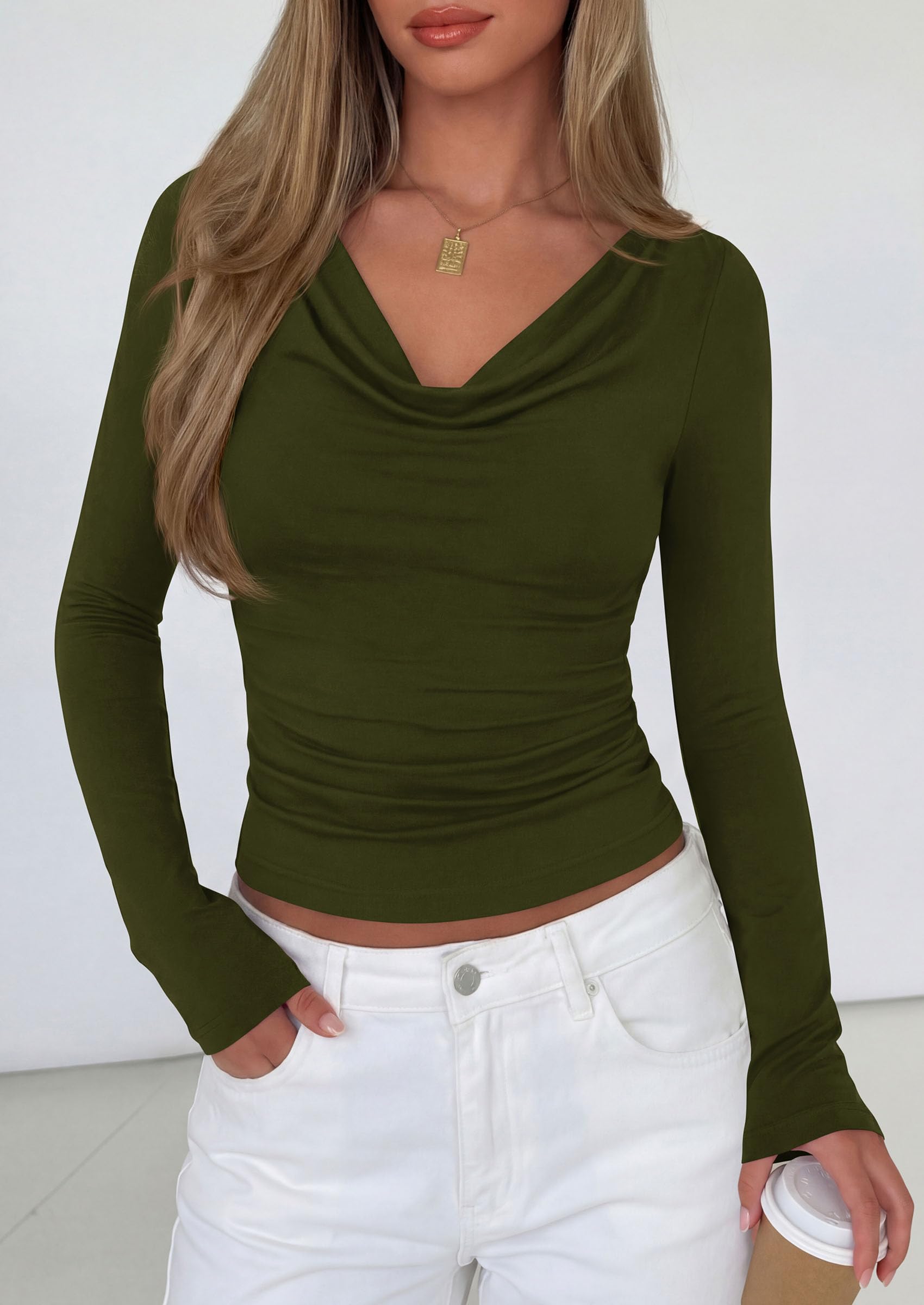 Women's Cowl Neck Long Sleeve Shirts (Army Green,XS)