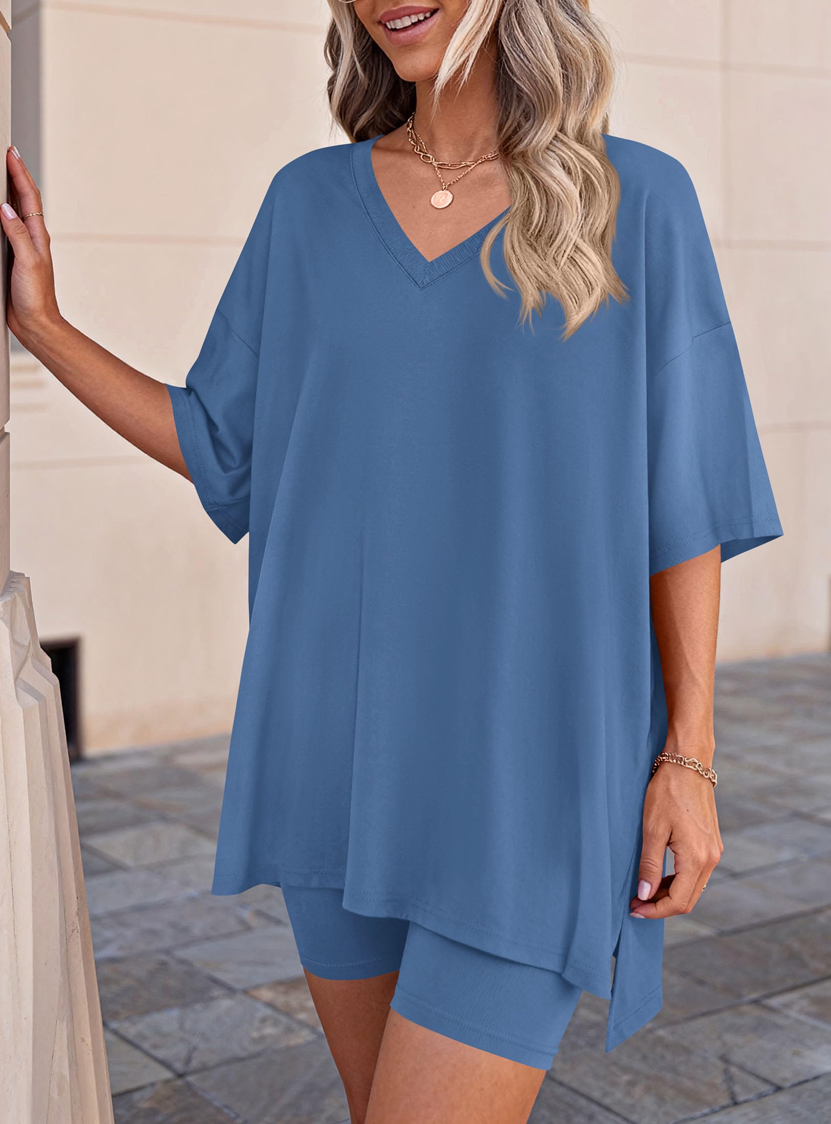 Womens 2 Piece Outfit Lounge Short Sets,Blue,S