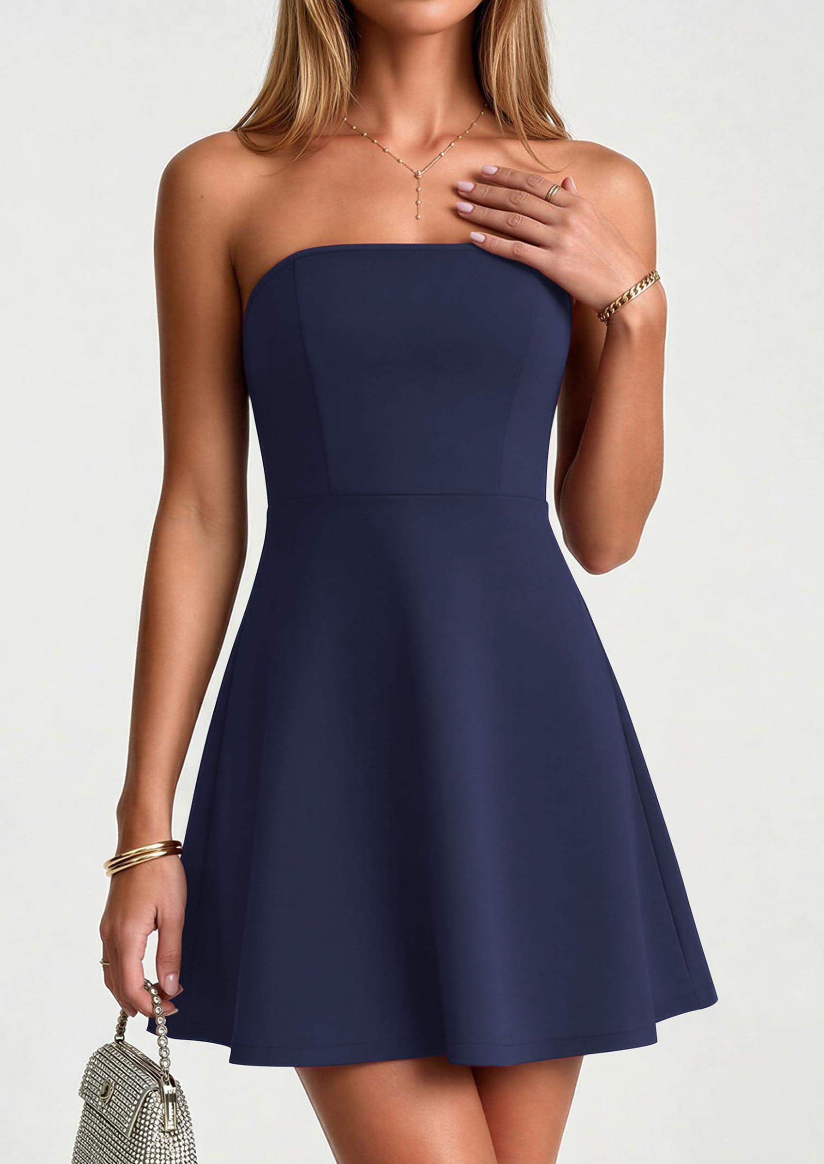 Women's Strapless A Line Mini Summer Dresses Navy Blue,XS