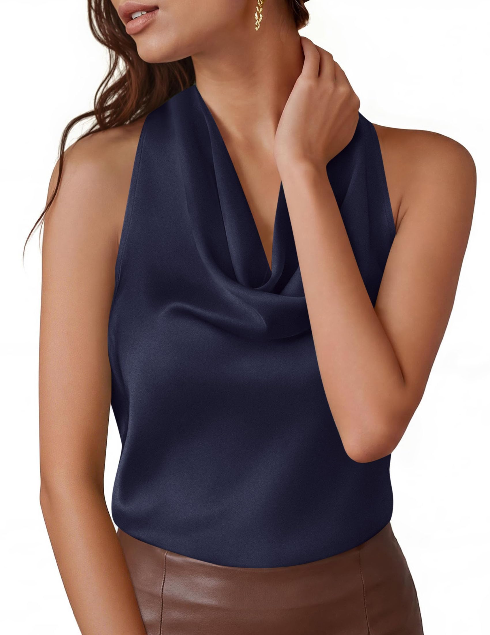 Satin Halter Tops for Women Dressy Casual Navy,XS