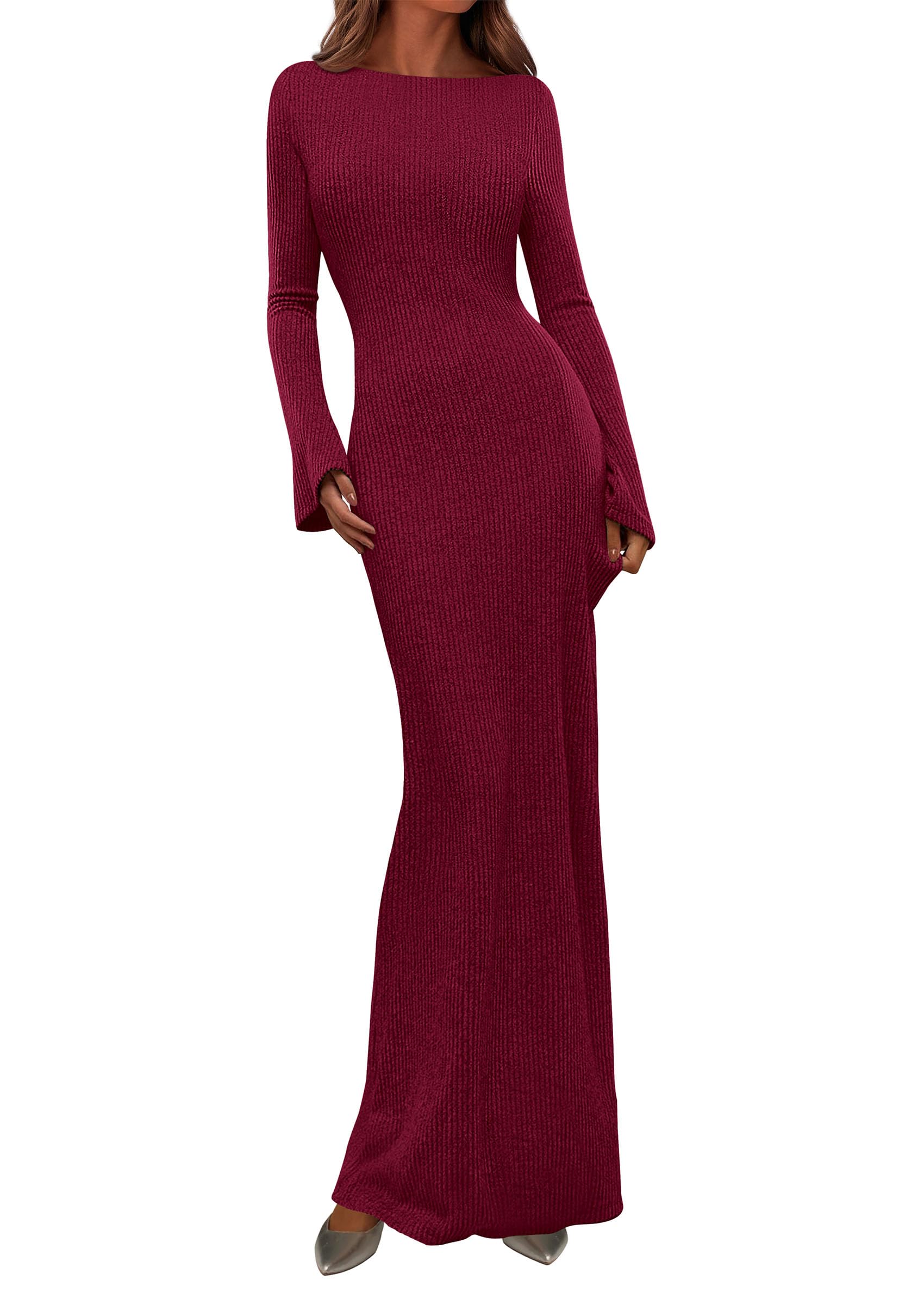 Women's Fall Long Sleeve Bodycon Maxi Dresses (Burgundy,XS)