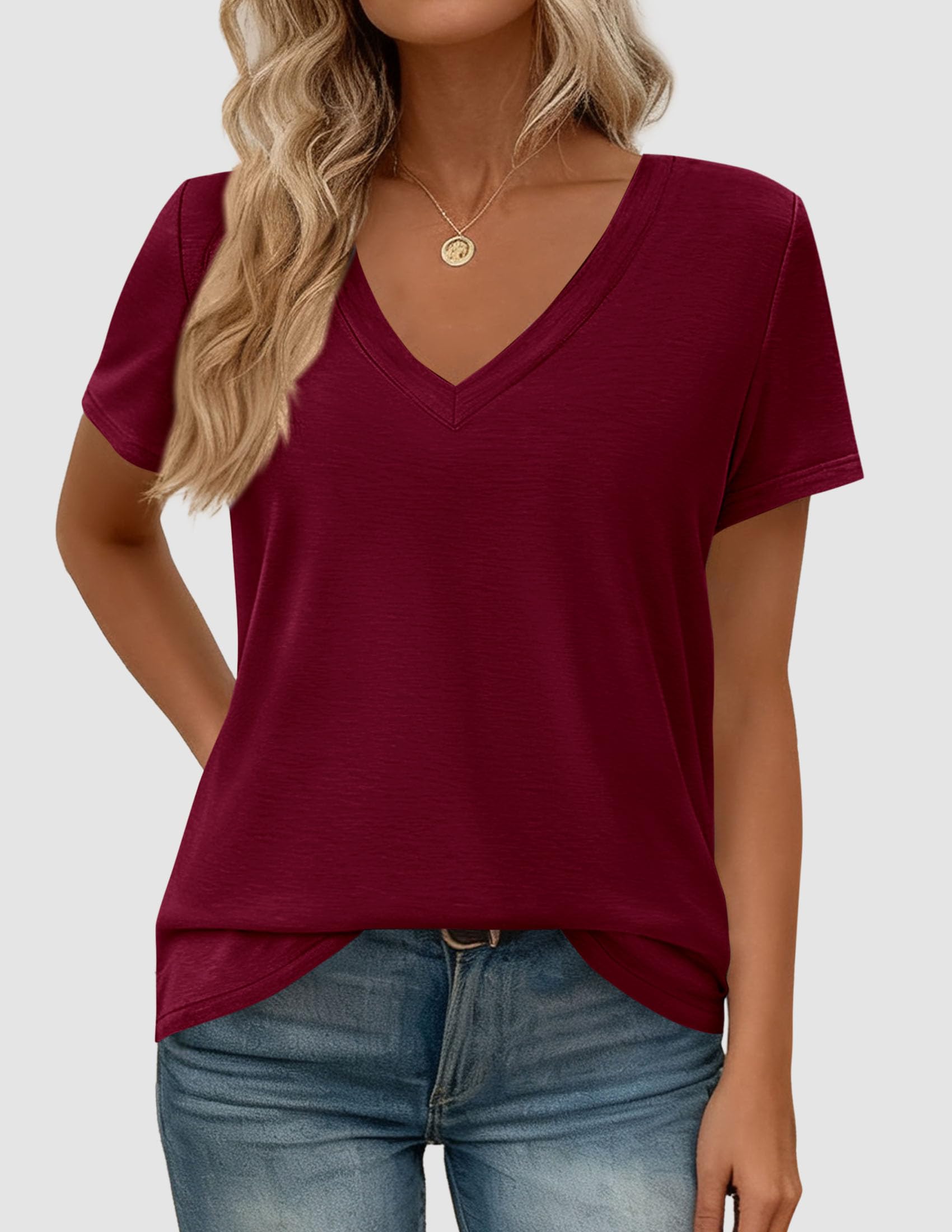 Womens Tops Short Sleeve Oversized Tshirts, Burgundy,S