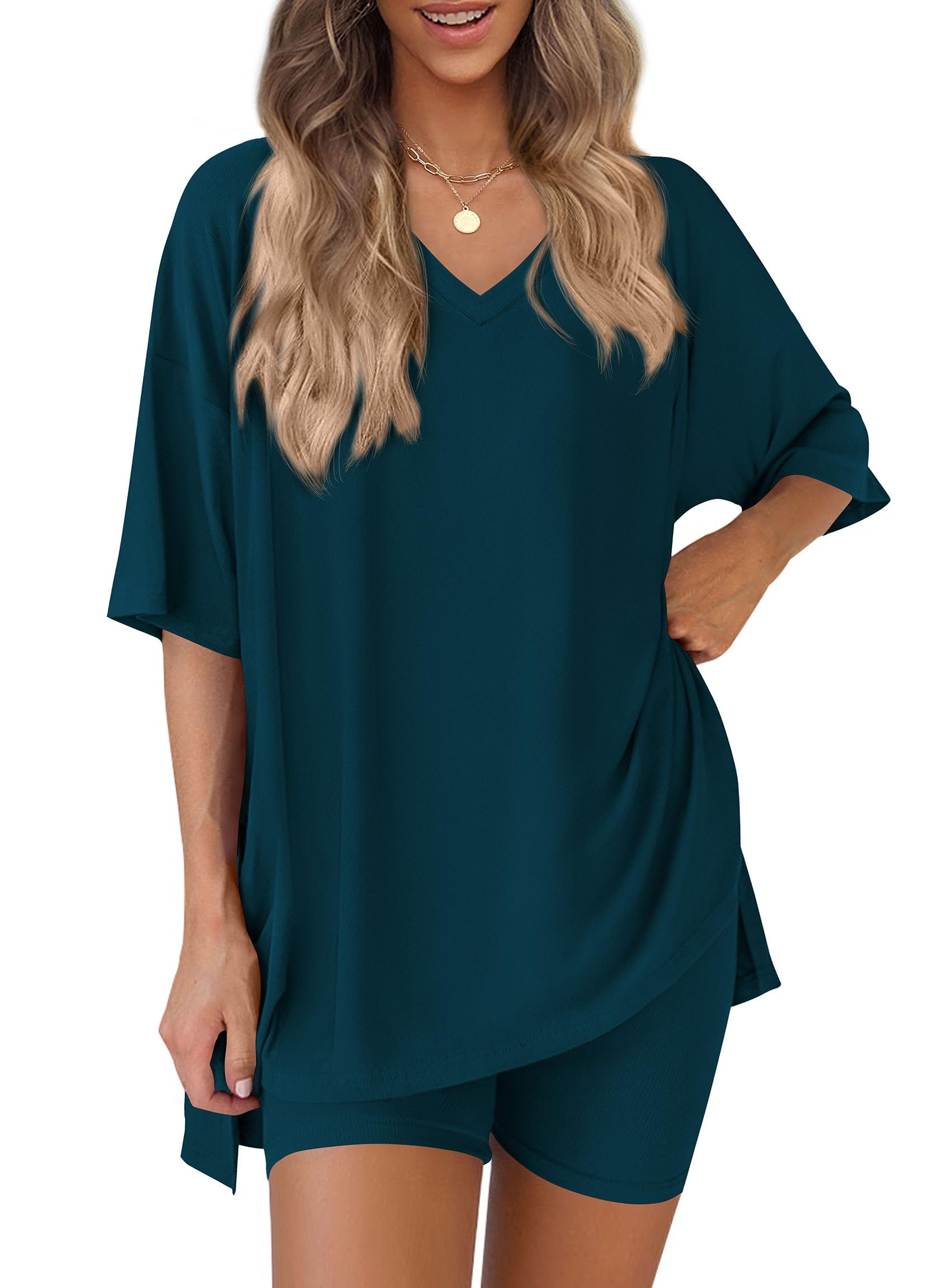 Womens 2 Piece Outfit Lounge Short Sets,Lake Blue,S