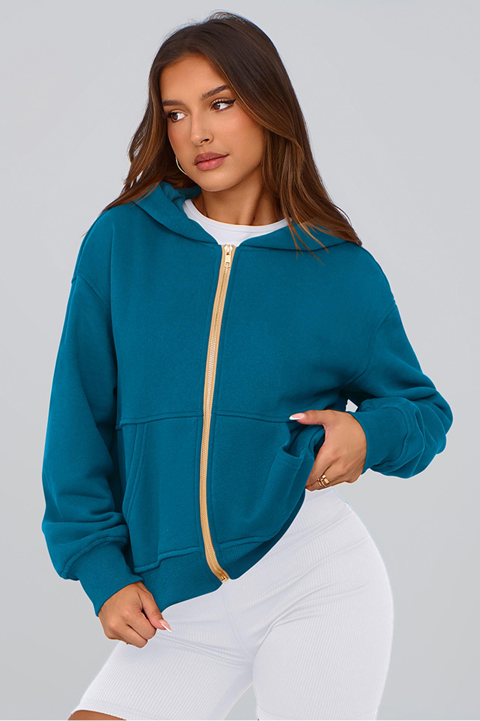 Hoodies for Women Fall Fashion Zip Up Fleece Plain Sweatshirt