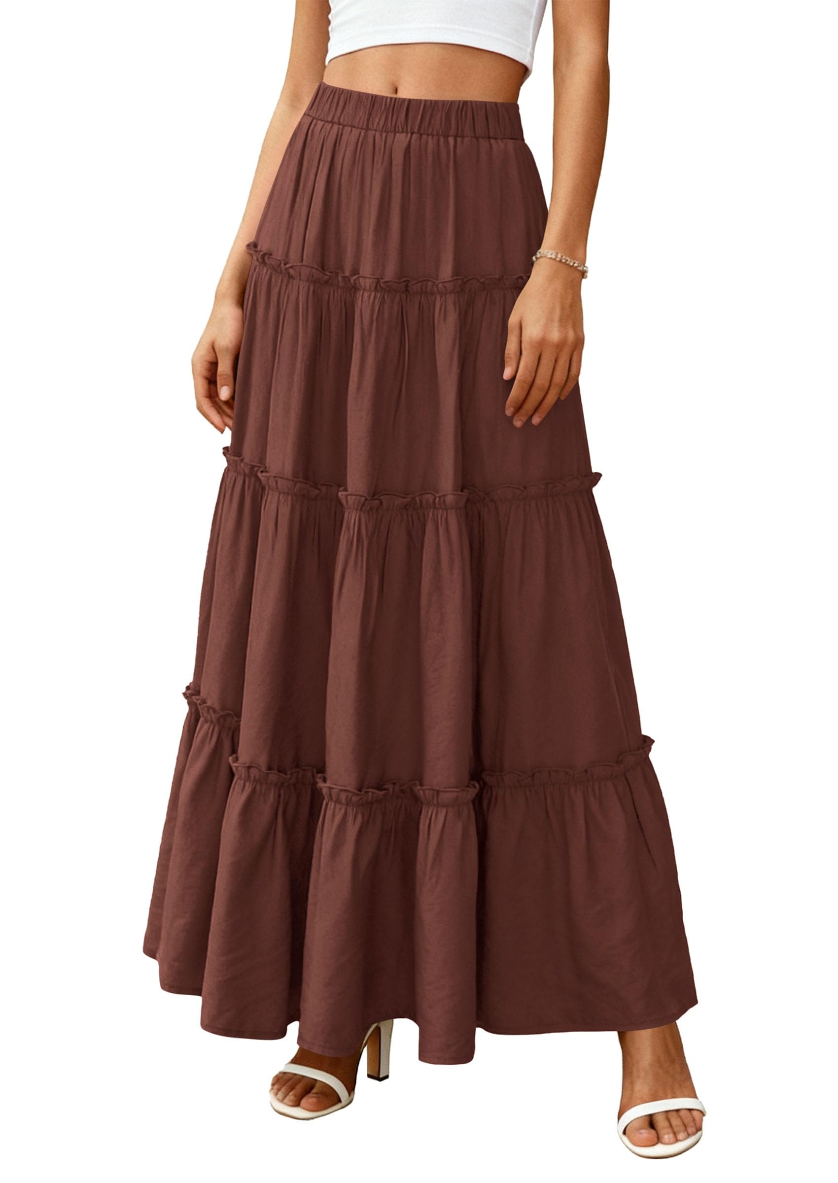 Women's Boho Tiered Ruffle Flowy Maxi Skirt, Brown,S