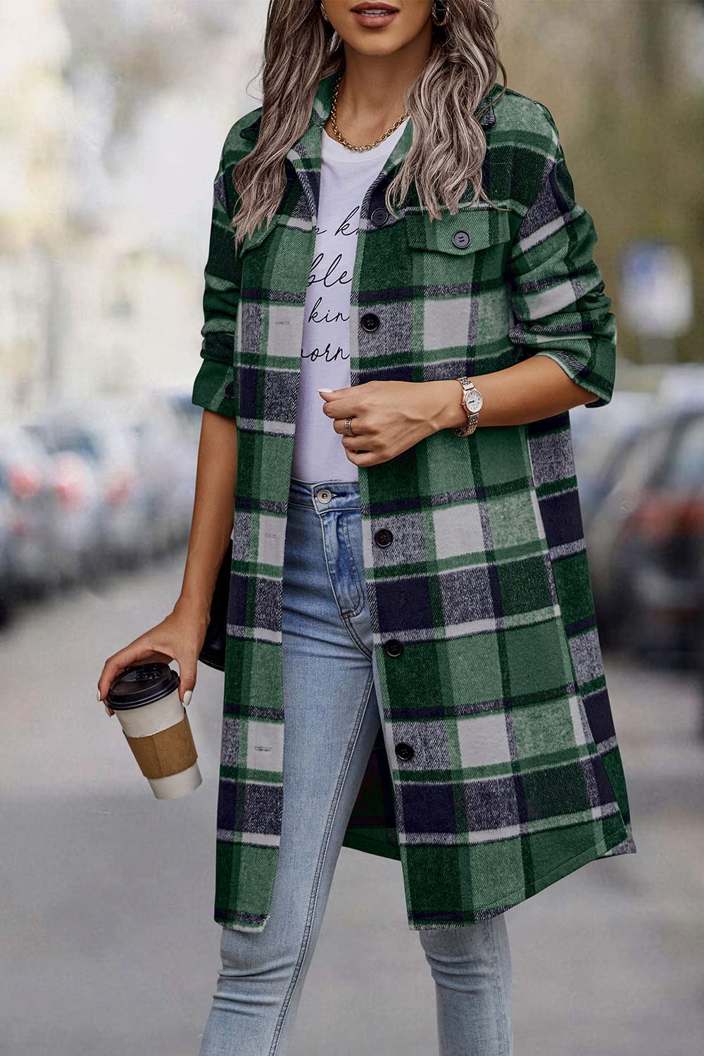 Womens Plaid Shacket Jacket Flannel Shirts,Dark Green,S