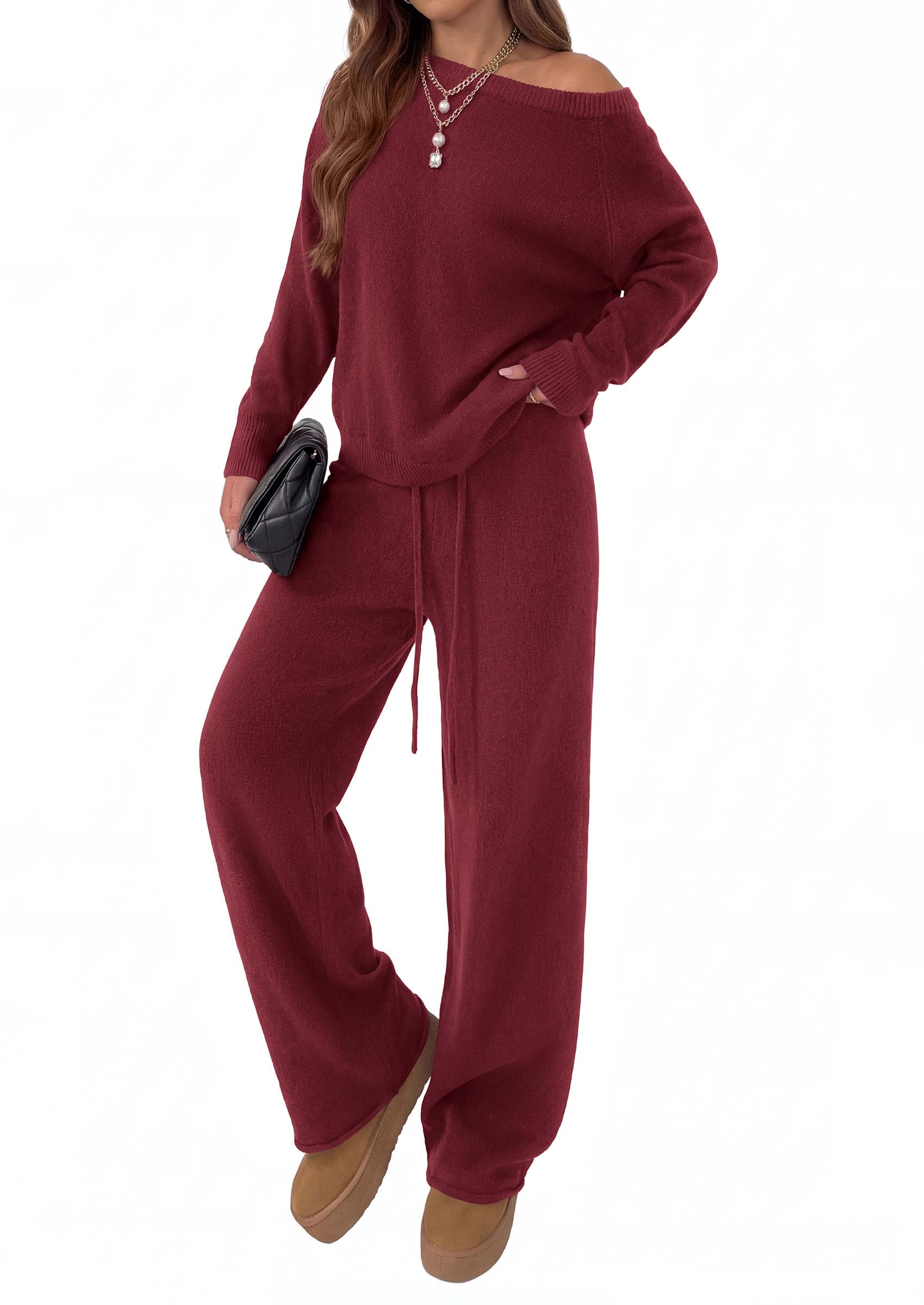 Lounge Sets Womens Sweaters Two Piece Outfits (Wine Red,S)